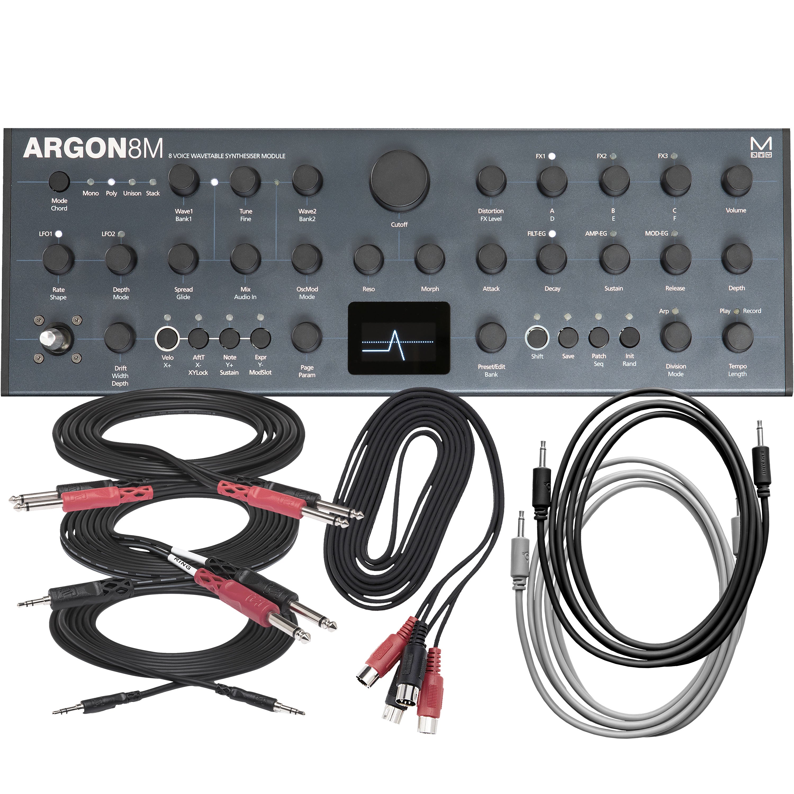 Collage of items included in the Modal Electronics Argon8M Polyphonic Wavetable Synthesizer Module CABLE KIT