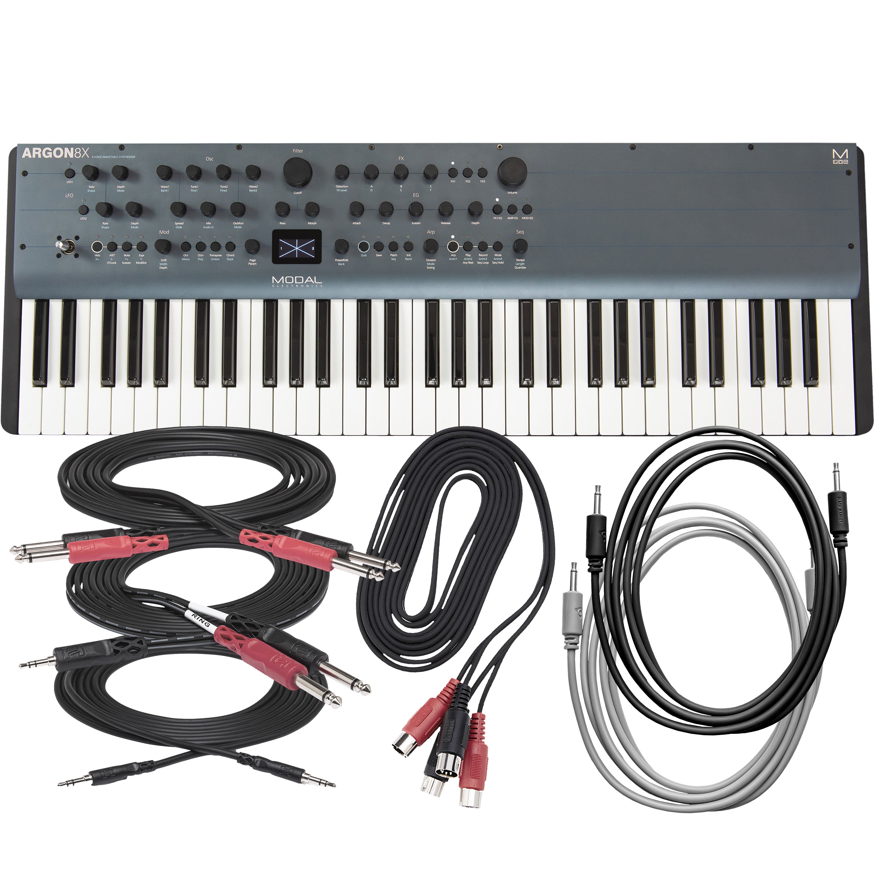 Collage of items included in the Modal Electronics Argon8X 61-Key Polyphonic Wavetable Synthesizer CABLE KIT