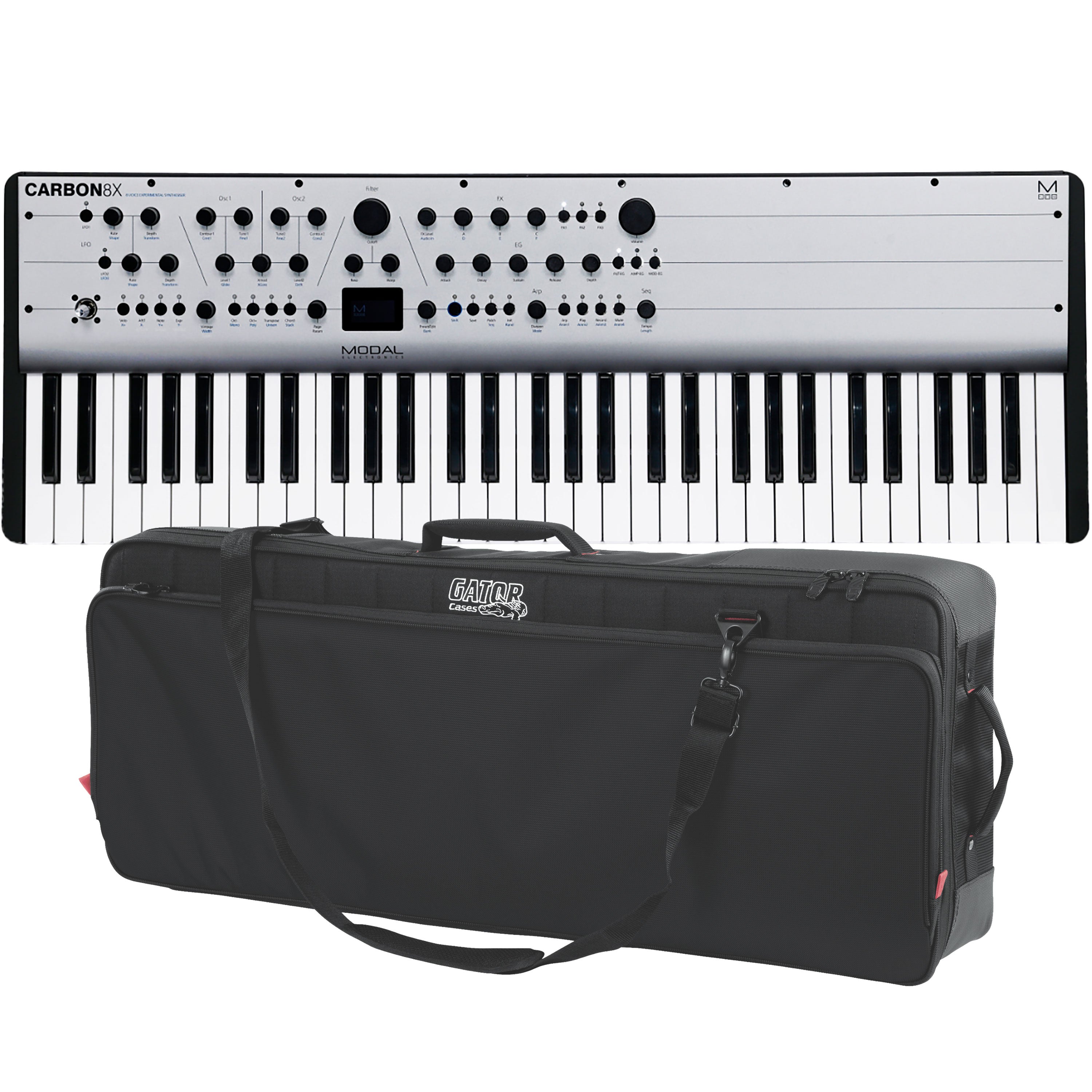 Collage showing components in Modal Electronics Carbon8X 61-Key Experimental Digital Synthesizer CARRY BAG KIT