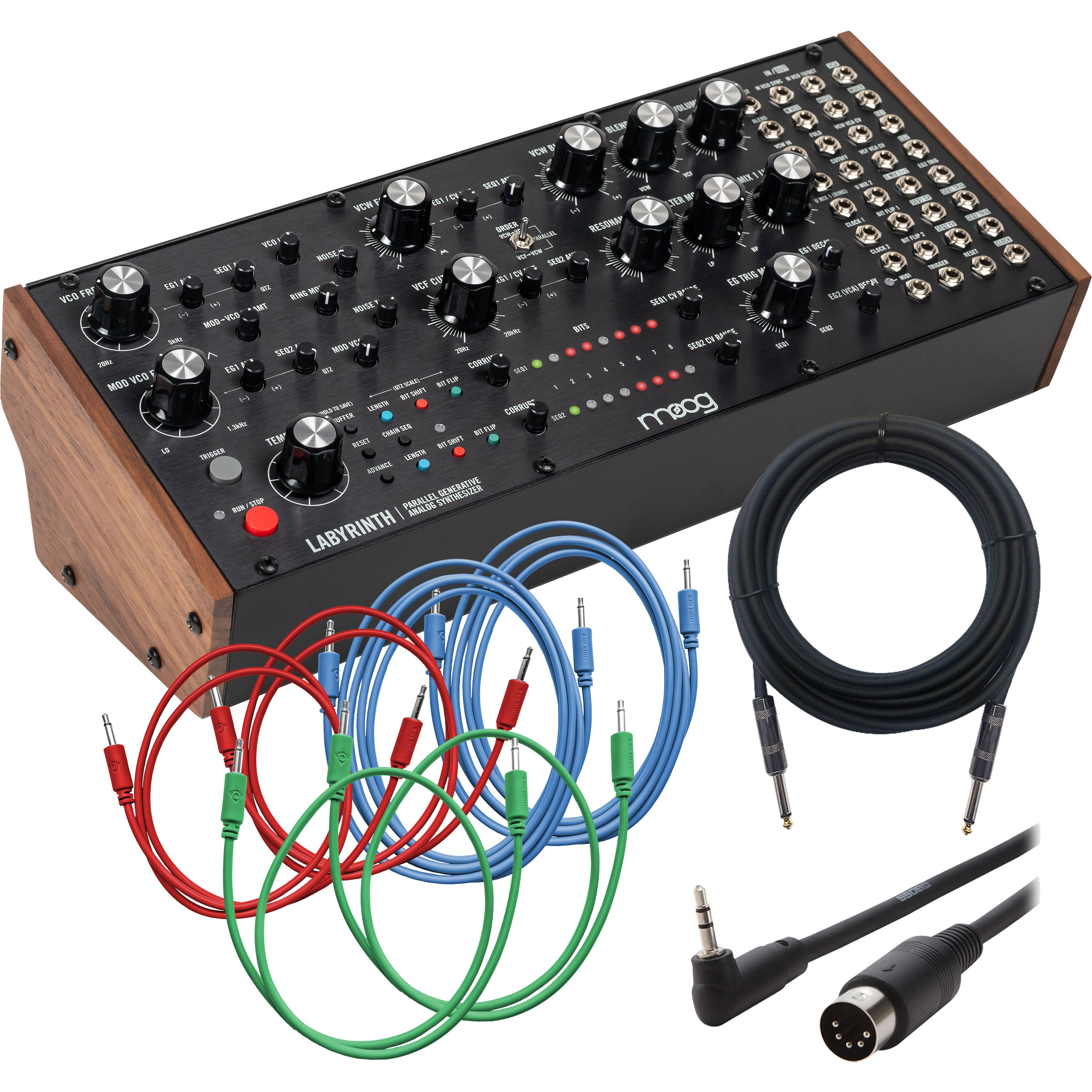 Collage showing components in Moog Labyrinth Parallel Generative Analog Synthesizer CABLE KIT