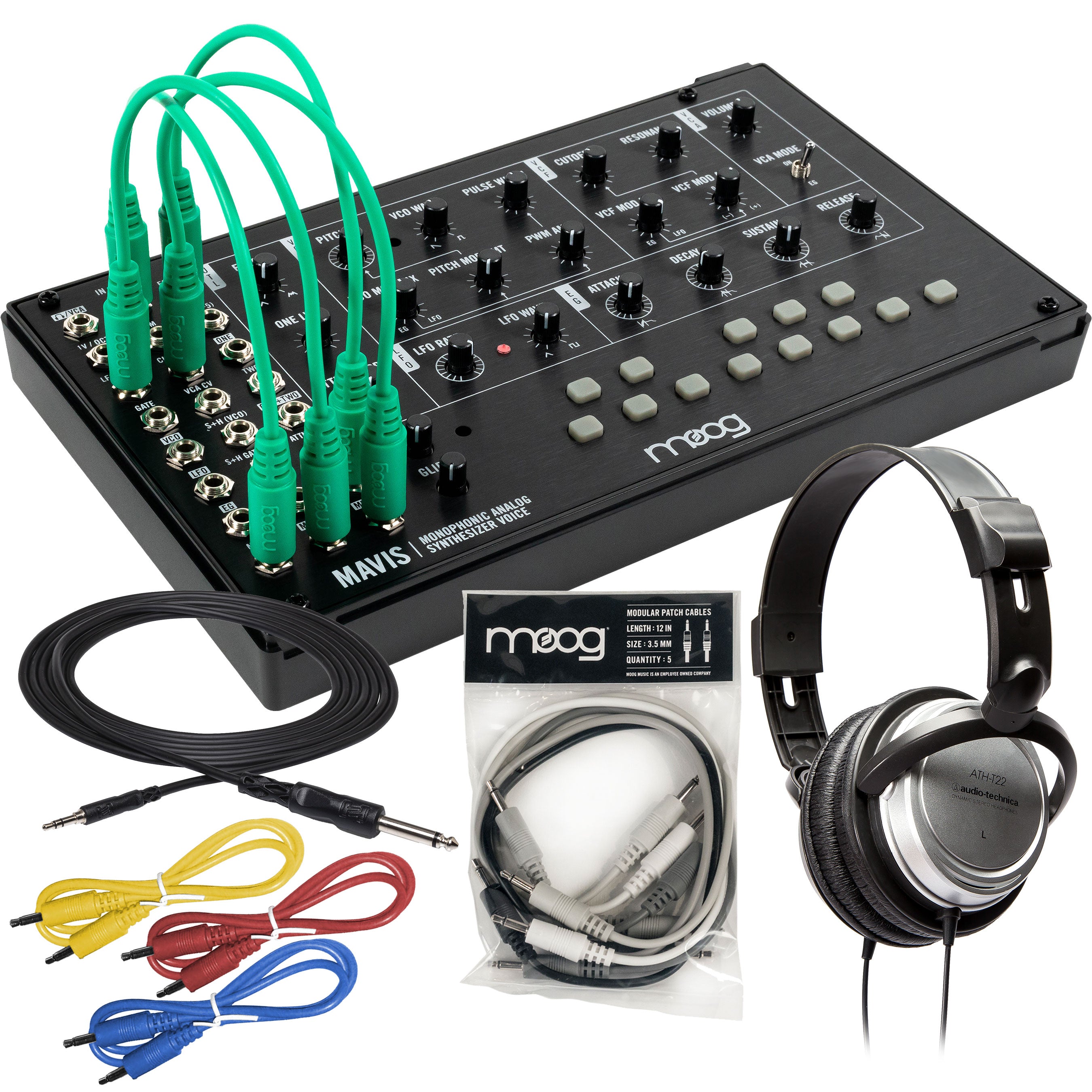 Collage showing components in Moog Mavis Build-it-Yourself Analog Synthesizer STUDIO KIT