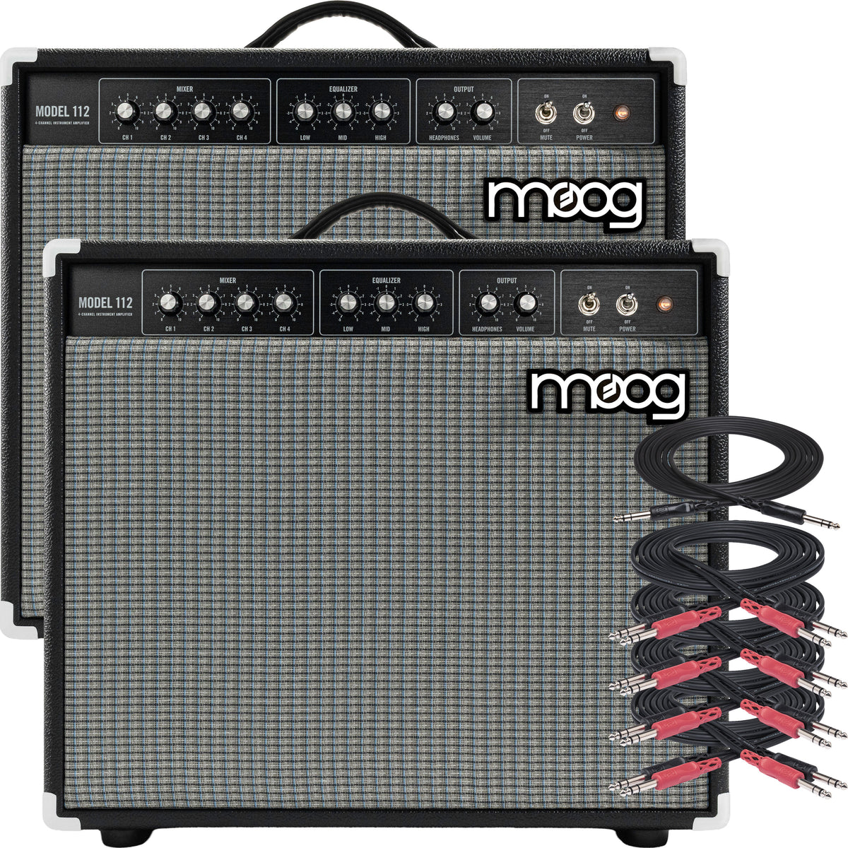 Collage showing components in Moog Model 112 4-Channel Instrument Amplifier STEREO LINK RIG