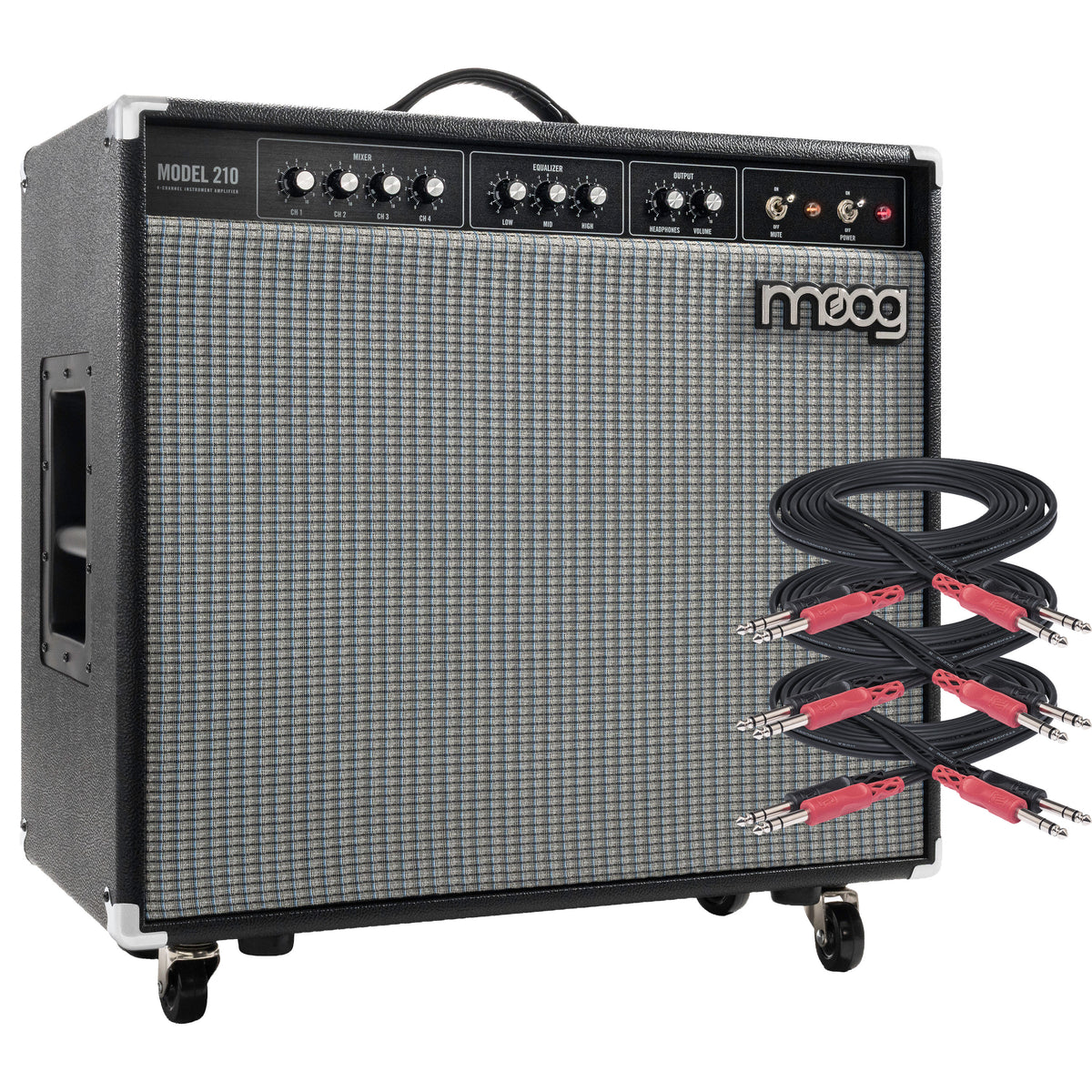 Collage showing components in Moog Model 210 4-Channel Instrument Amplifier BASIC CABLE KIT