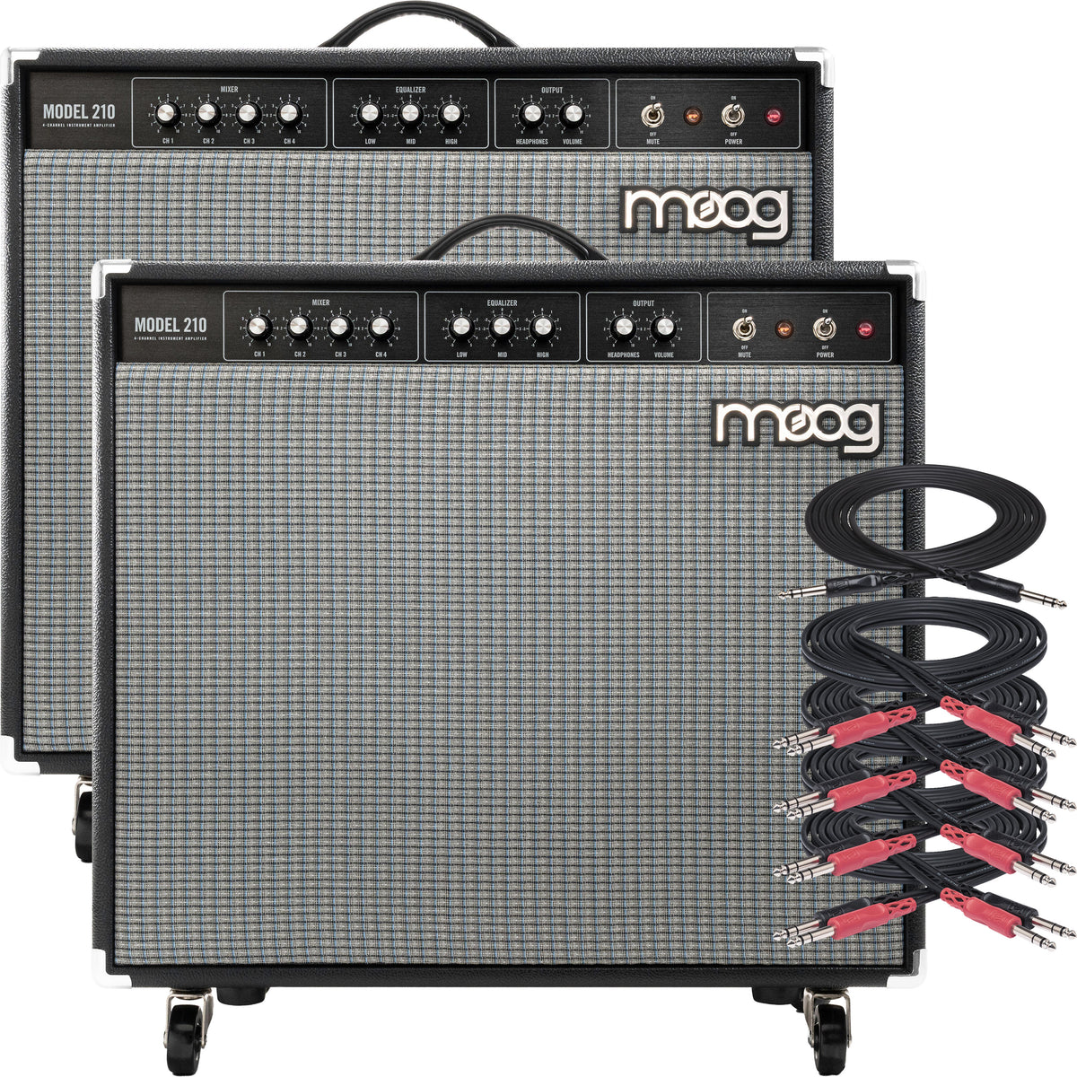 Collage showing components in Moog Model 210 4-Channel Instrument Amplifier STEREO LINK RIG