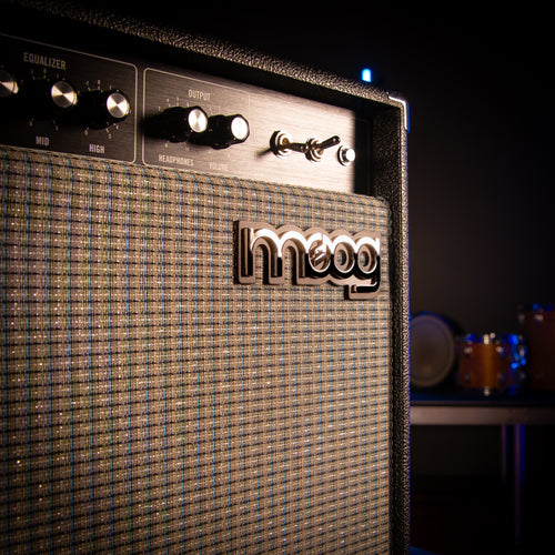 Moog Model 112 4-Channel Instrument Amplifier close up of the Moog logo