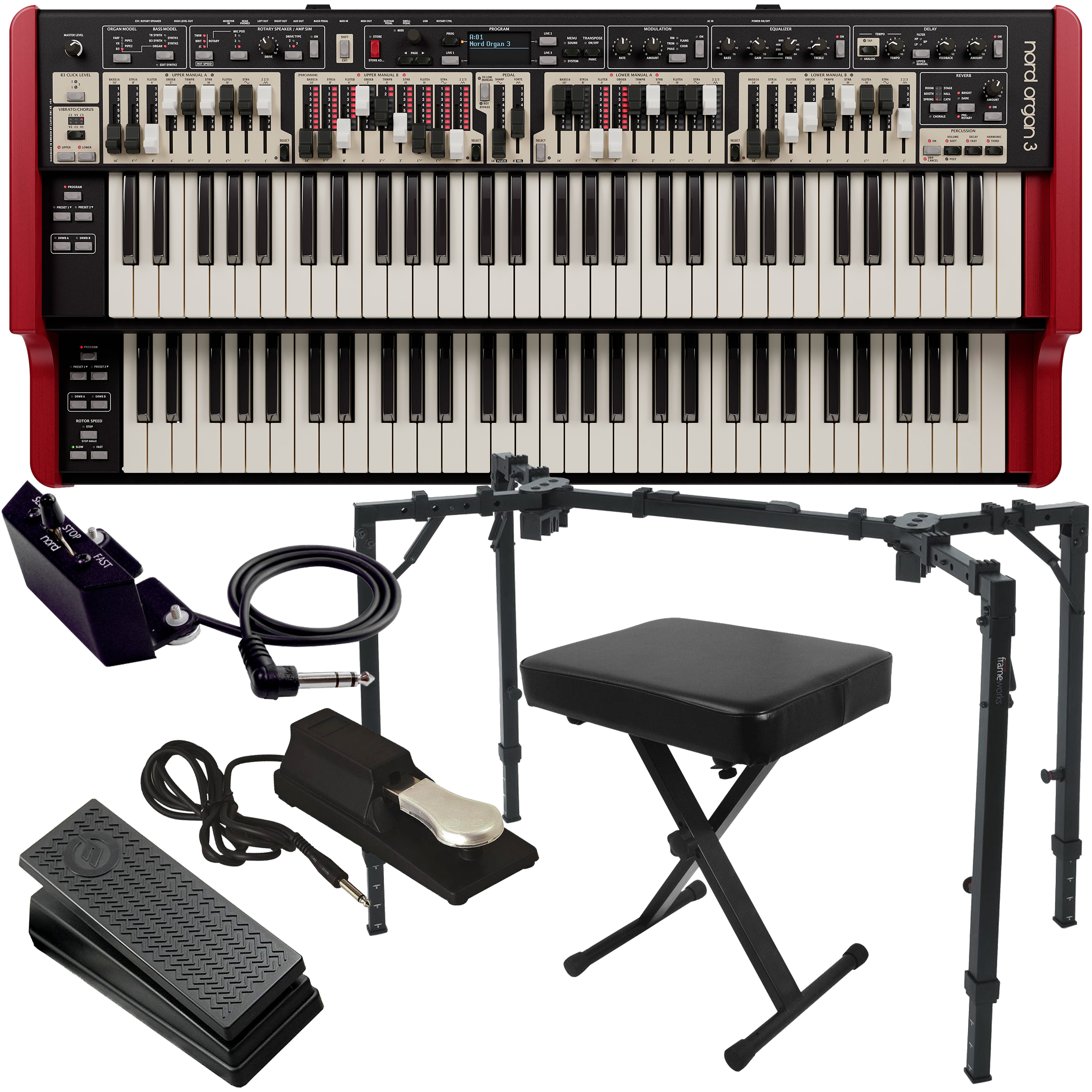 Collage of items included in the Nord Organ 3 Dual Manual Organ KEY ESSENTIALS BUNDLE