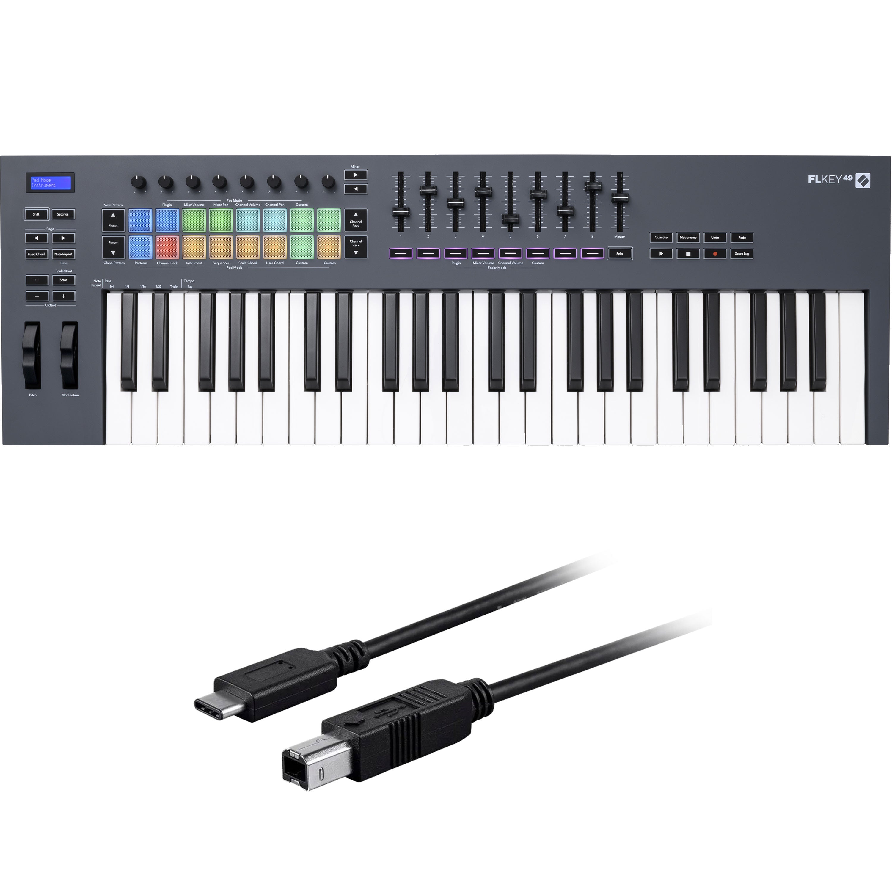 Collage showing components in Novation FLkey 49 USB-MIDI Keyboard Controller for FL Studio CABLE KIT