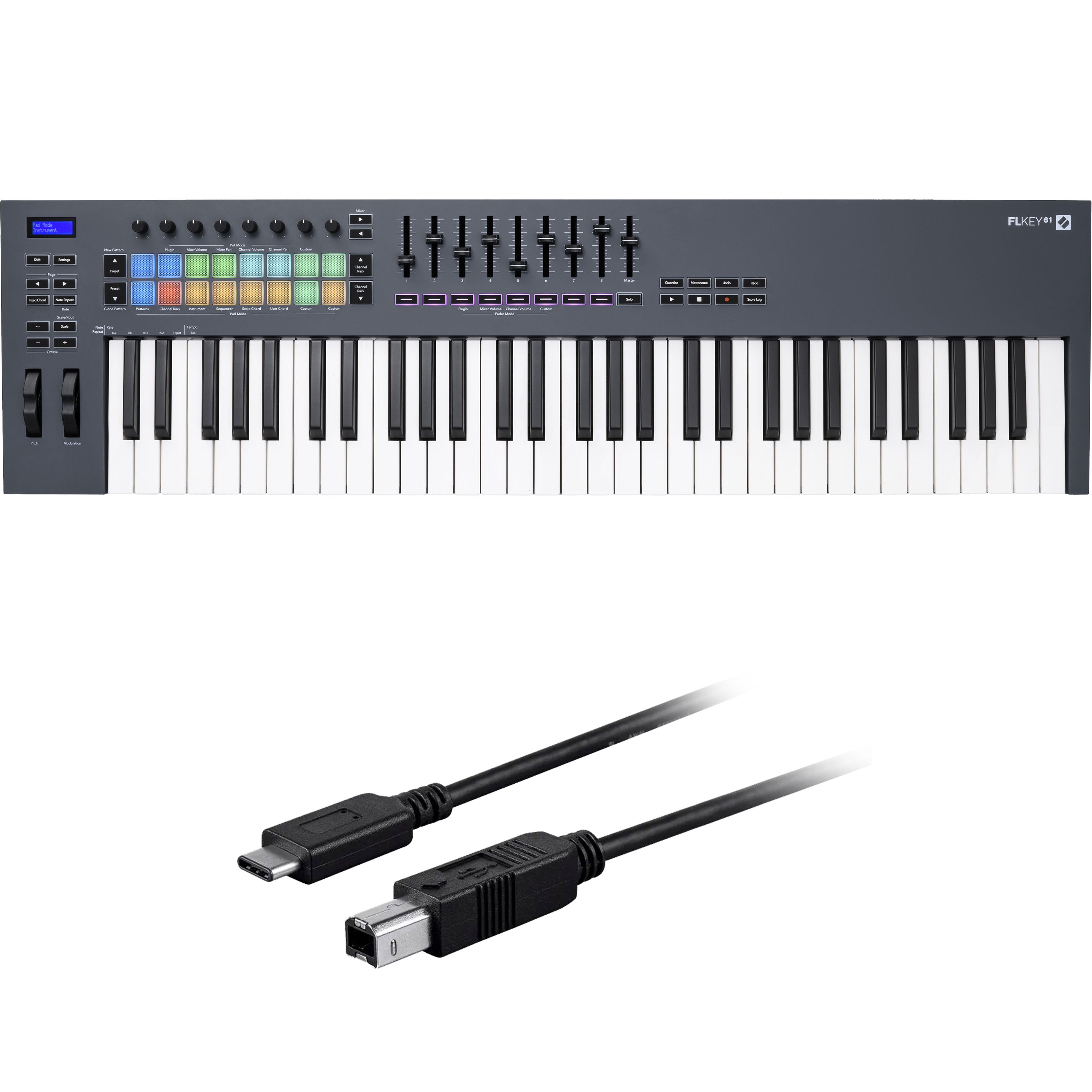 Collage showing components in Novation FLkey 61 USB-MIDI Keyboard Controller for FL Studio CABLE KIT