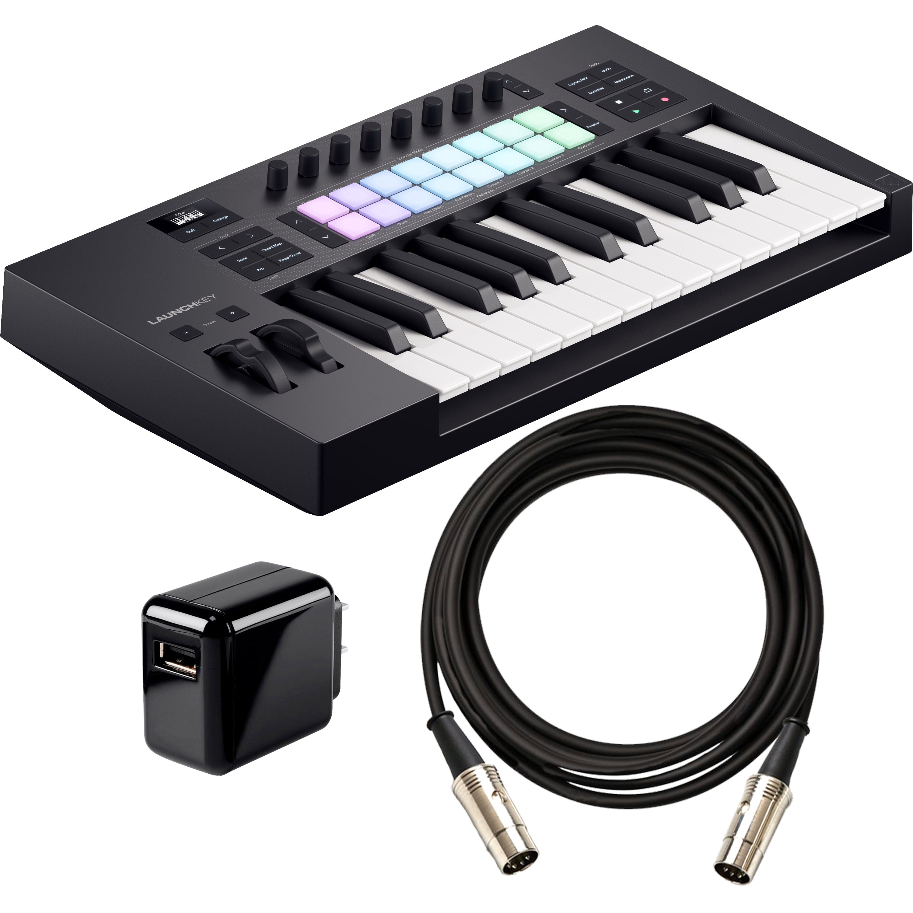 Collage showing components in Novation Launchkey 25 Mk4 Keyboard Controller POWER & CABLE KIT