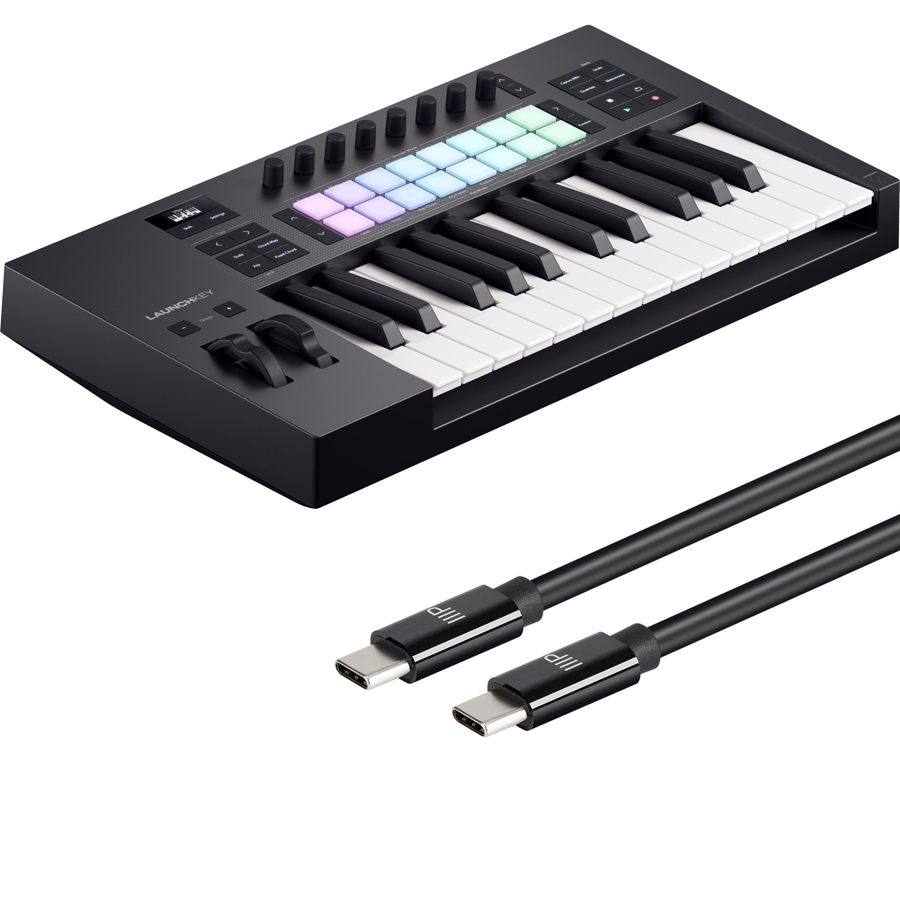 Collage showing components in Novation Launchkey 25 Mk4 Keyboard Controller USB-C CABLE KIT