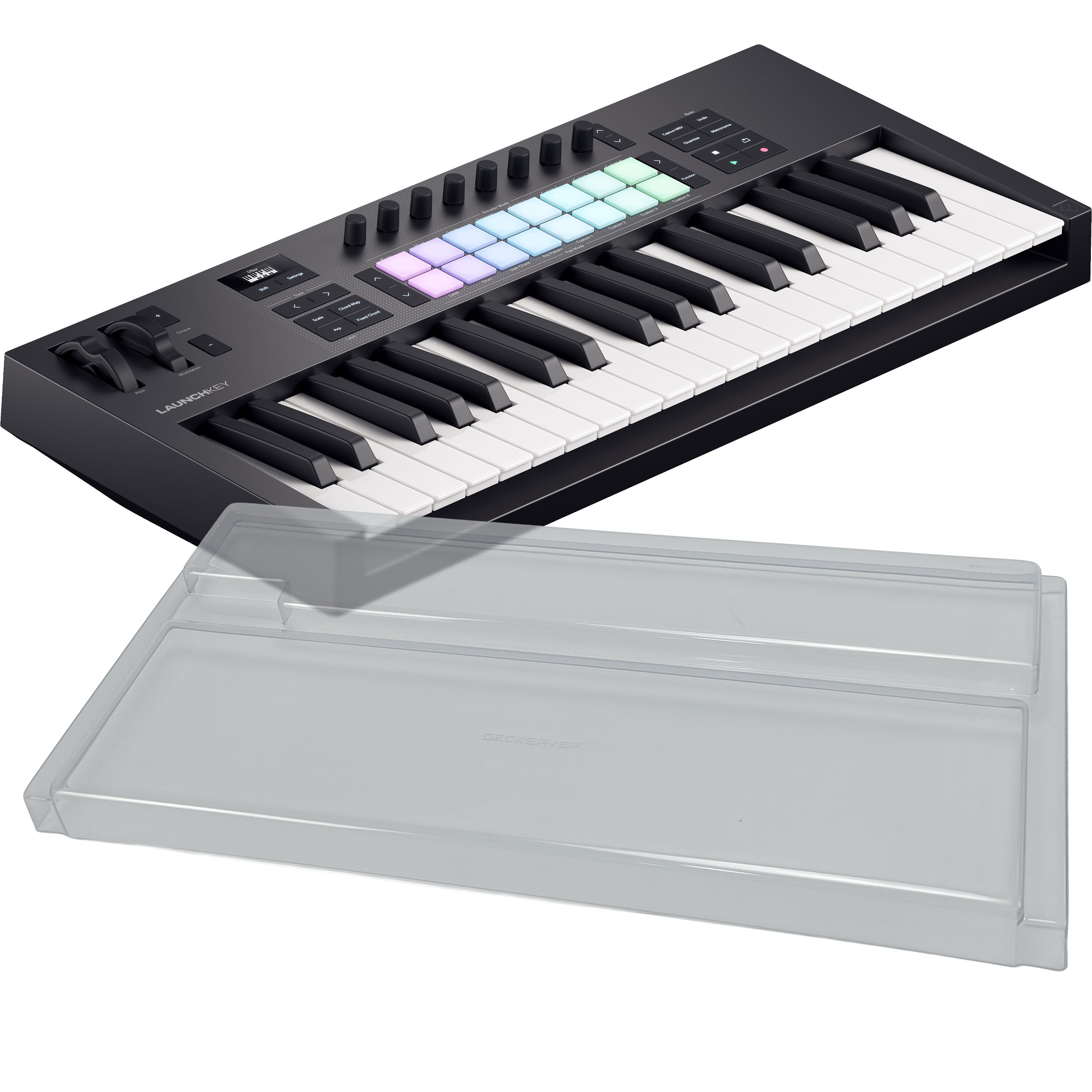Collage showing components in Novation Launchkey 37 Mk4 Keyboard Controller DECKSAVER KIT