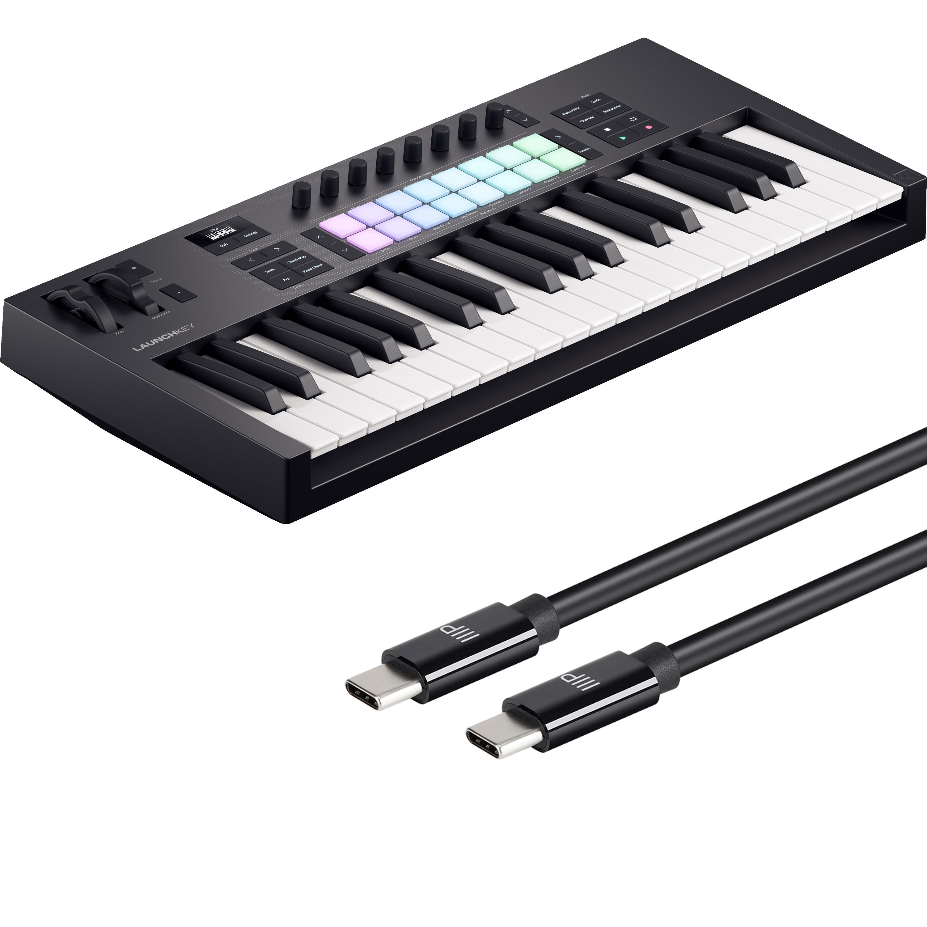 Collage showing components in Novation Launchkey 37 Mk4 Keyboard Controller USB-C CABLE KIT