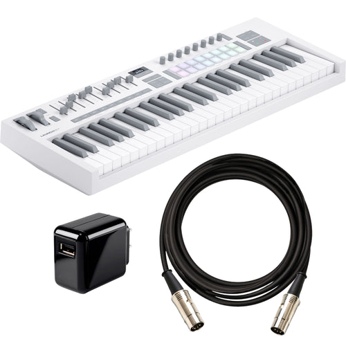 Collage showing components in Novation Launchkey 49 Mk4 Keyboard Controller - White POWER & CABLE KIT