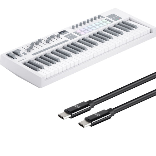 Collage showing components in Novation Launchkey 49 Mk4 Keyboard Controller - White USB-C CABLE KIT