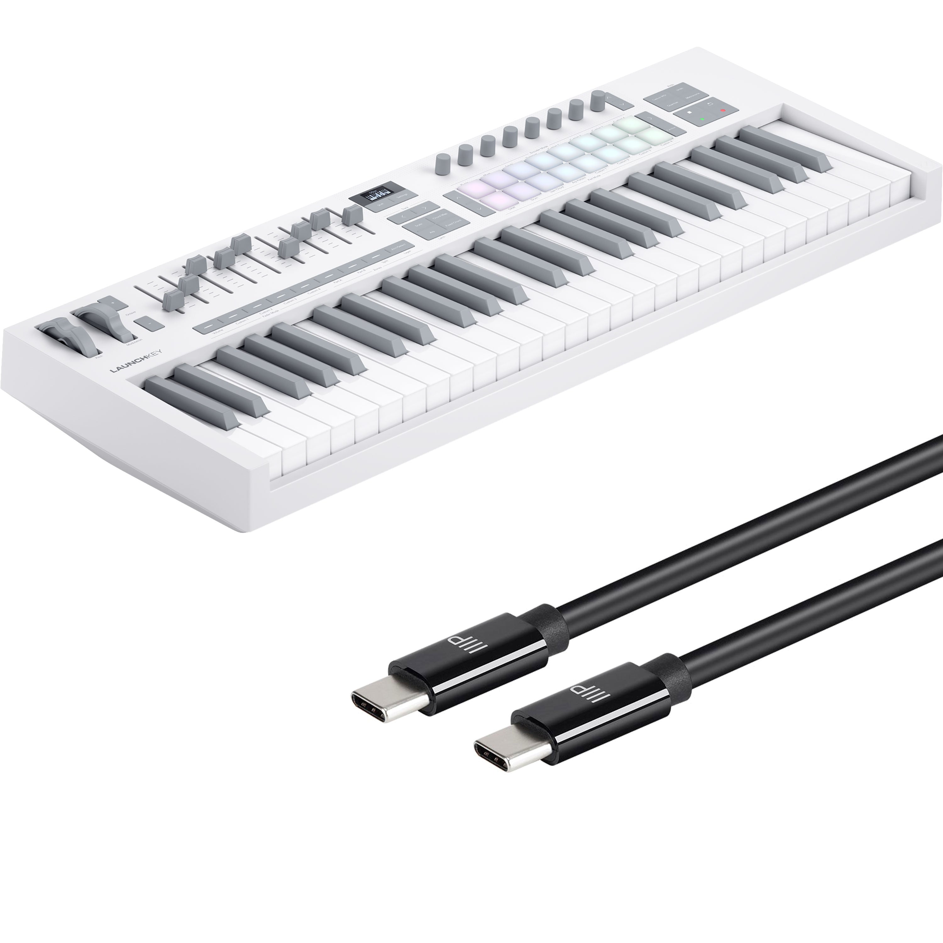 Collage showing components in Novation Launchkey 49 Mk4 Keyboard Controller - White USB-C CABLE KIT