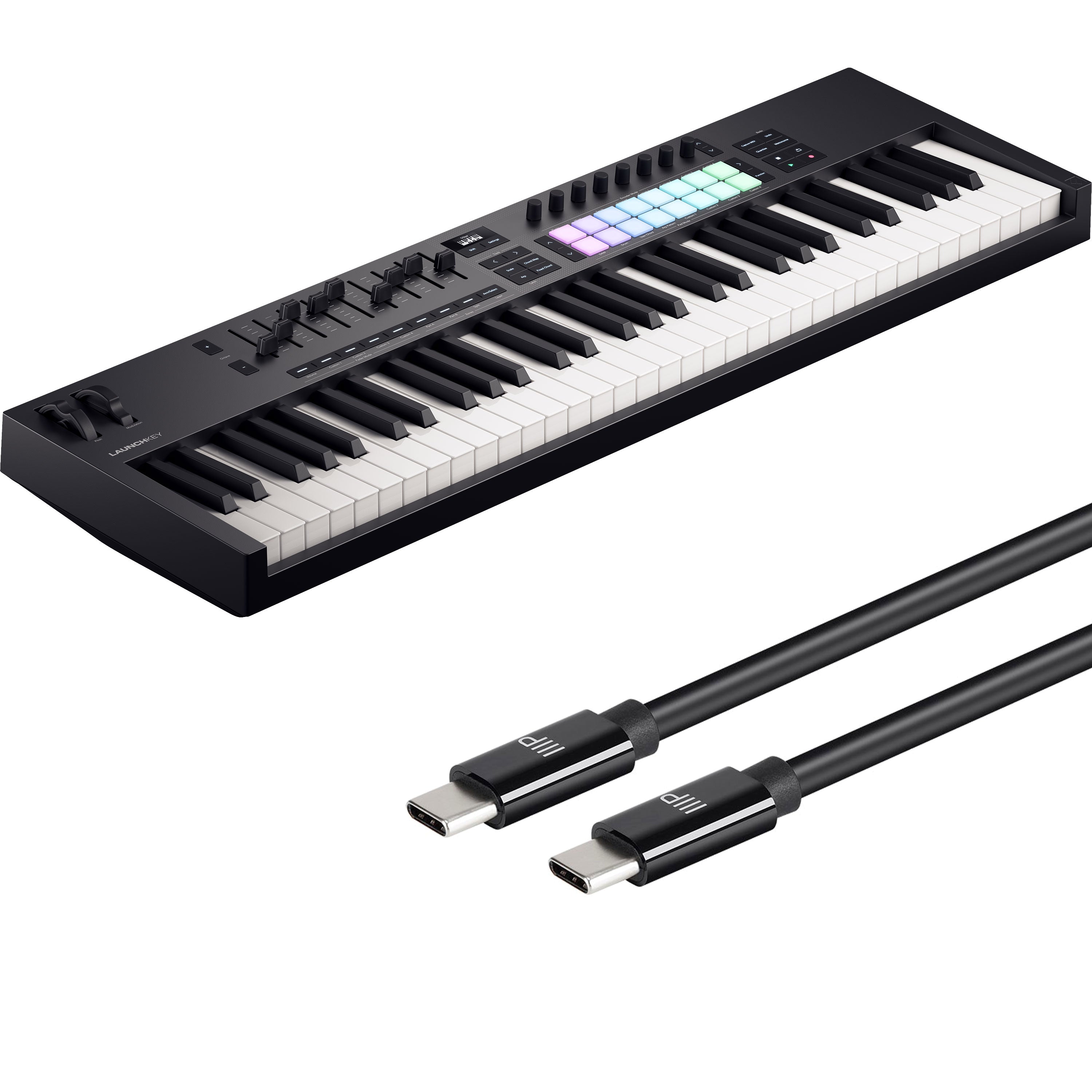 Collage showing components in Novation Launchkey 61 Mk4 Keyboard Controller USB-C CABLE KIT