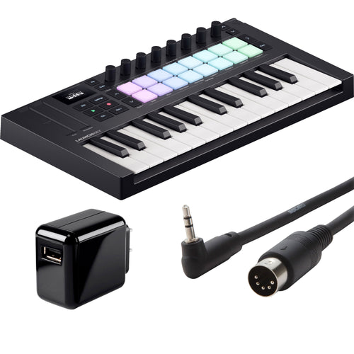 Collage showing components in Novation Launchkey Mini 25 Mk4 Keyboard Controller POWER & CABLE KIT