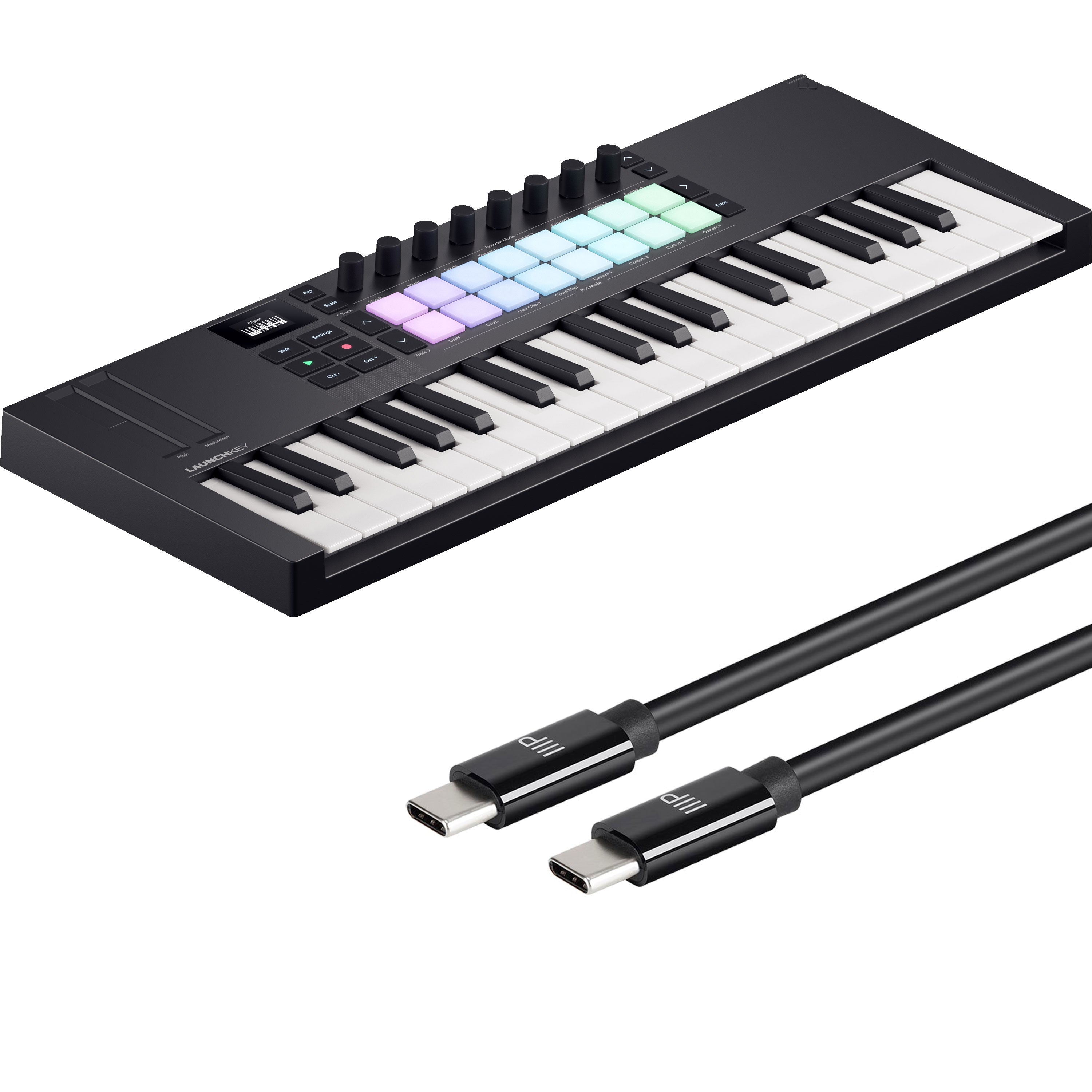 Collage showing components in Novation Launchkey Mini 37 Mk4 Keyboard Controller USB-C CABLE KIT