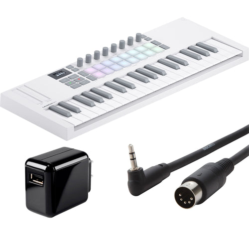 Collage showing components in Novation Launchkey Mini 37 Mk4 Keyboard Controller - White POWER & CABLE KIT