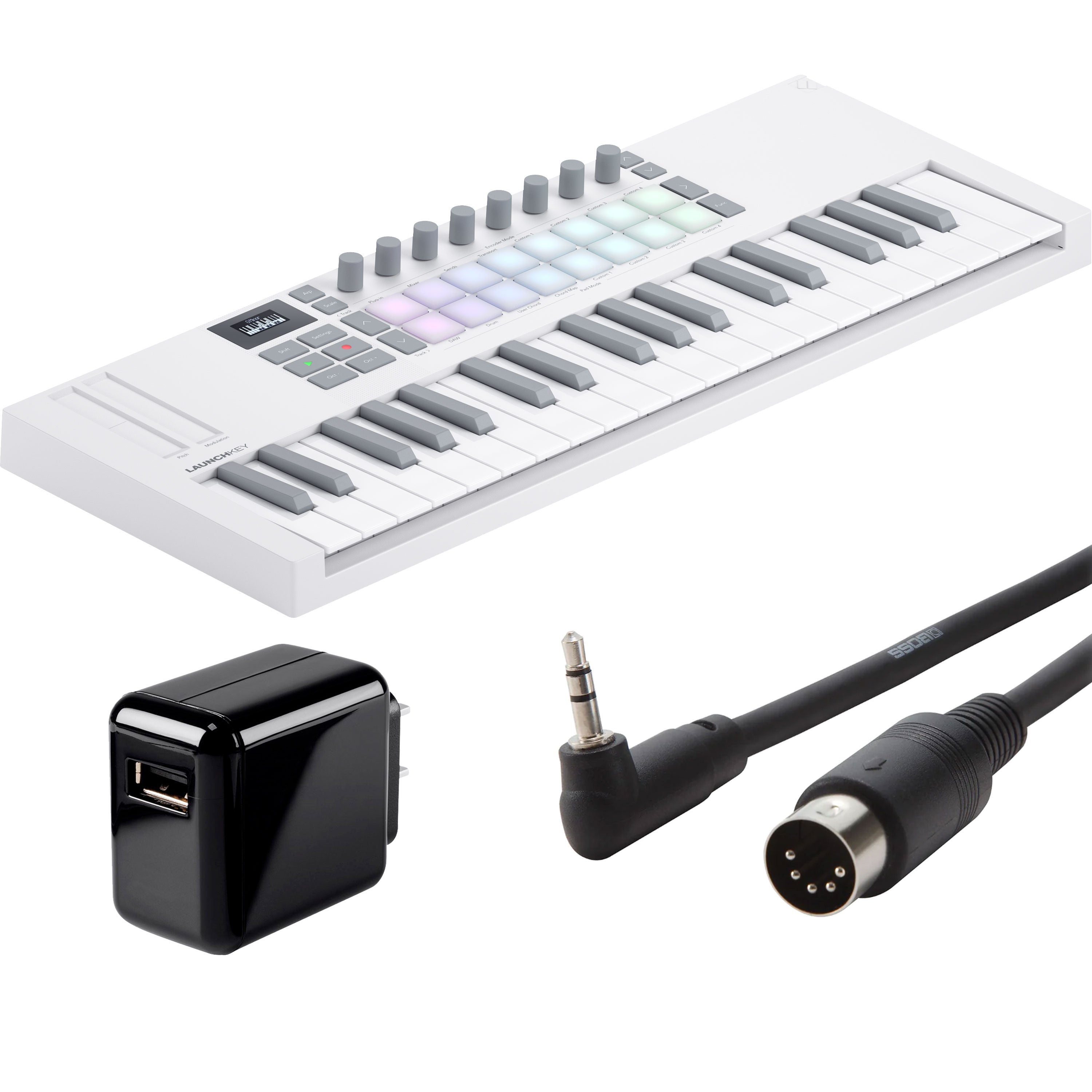 Collage showing components in Novation Launchkey Mini 37 Mk4 Keyboard Controller - White POWER & CABLE KIT
