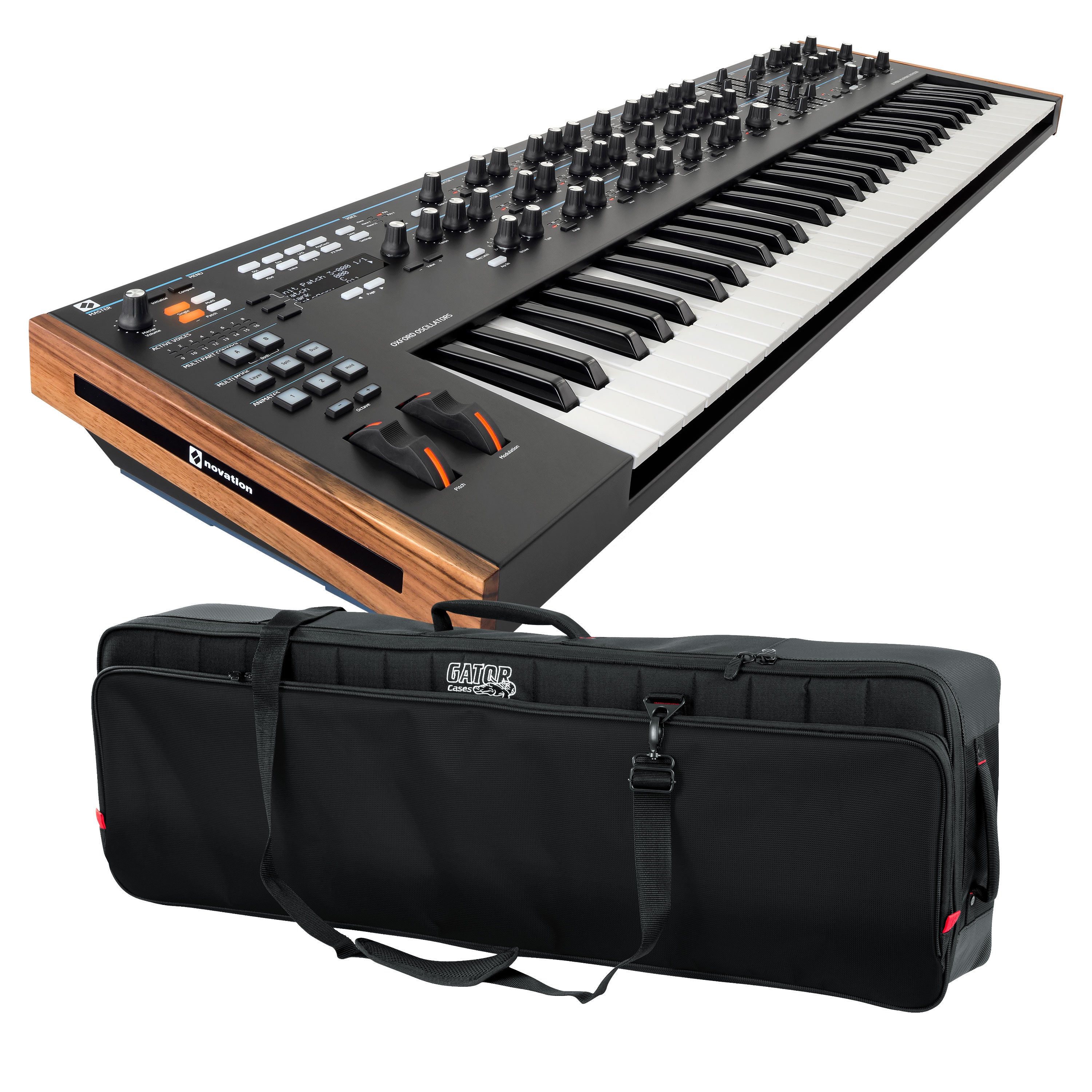 Collage of everything included in the Novation Summit 16-Voice Polyphonic Keyboard Synthesizer CARRY BAG KIT bundle