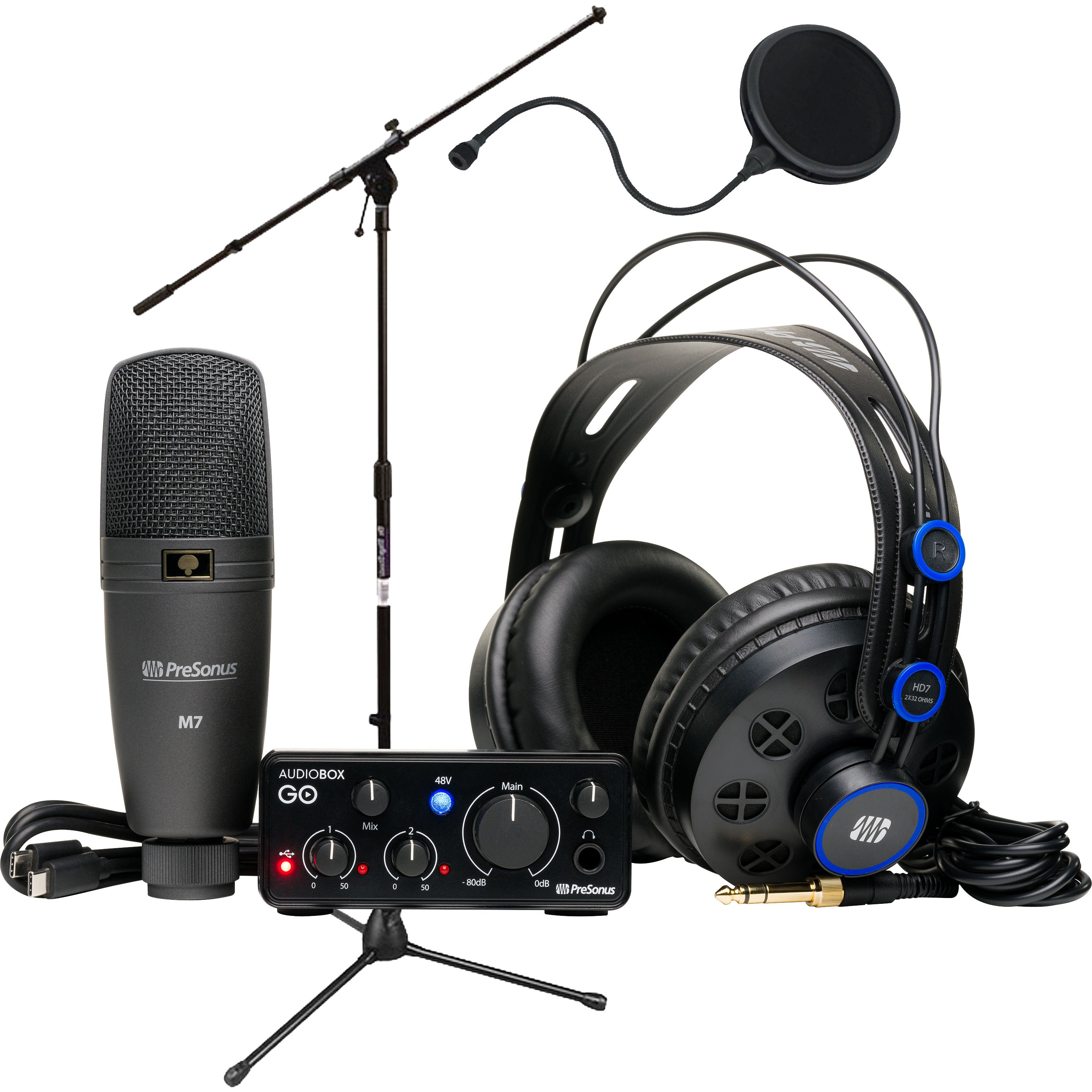Collage showing components in PreSonus AudioBox Go Creator Bundle BONUS PAK