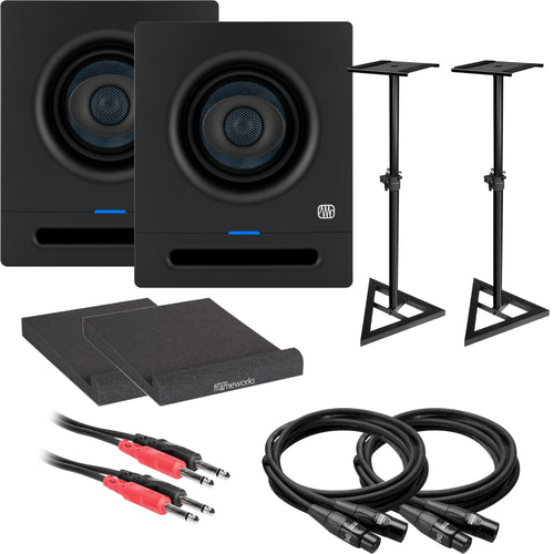 Collage image of the PreSonus Eris Pro 4 4" Active Coaxial 2-way Studio Monitor STUDIO ESSENTIALS BUNDLE