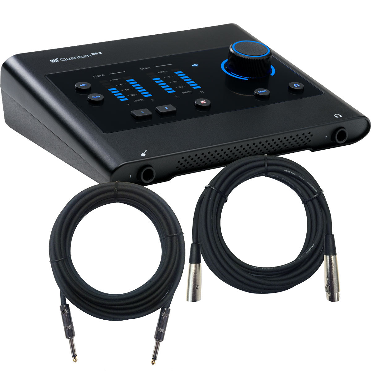 Collage showing components in PreSonus Quantum ES 2 2in/2out USB-C Audio Interface CABLE KIT