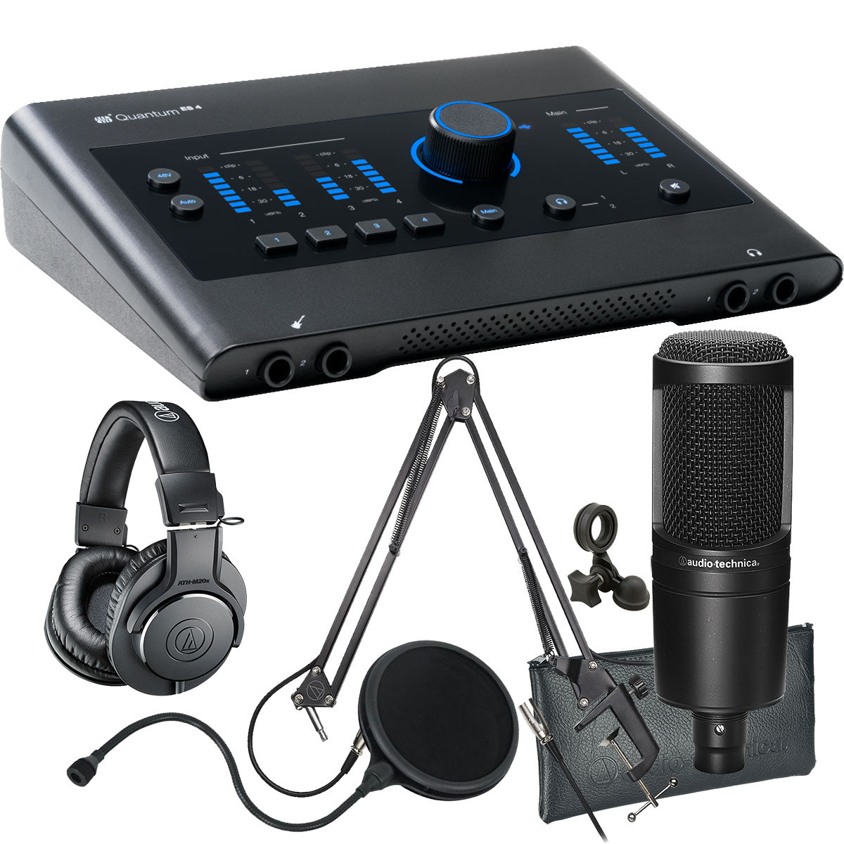 Collage showing components in PreSonus Quantum ES 4 4in/4out USB-C Audio Interface PODCASTING PAK