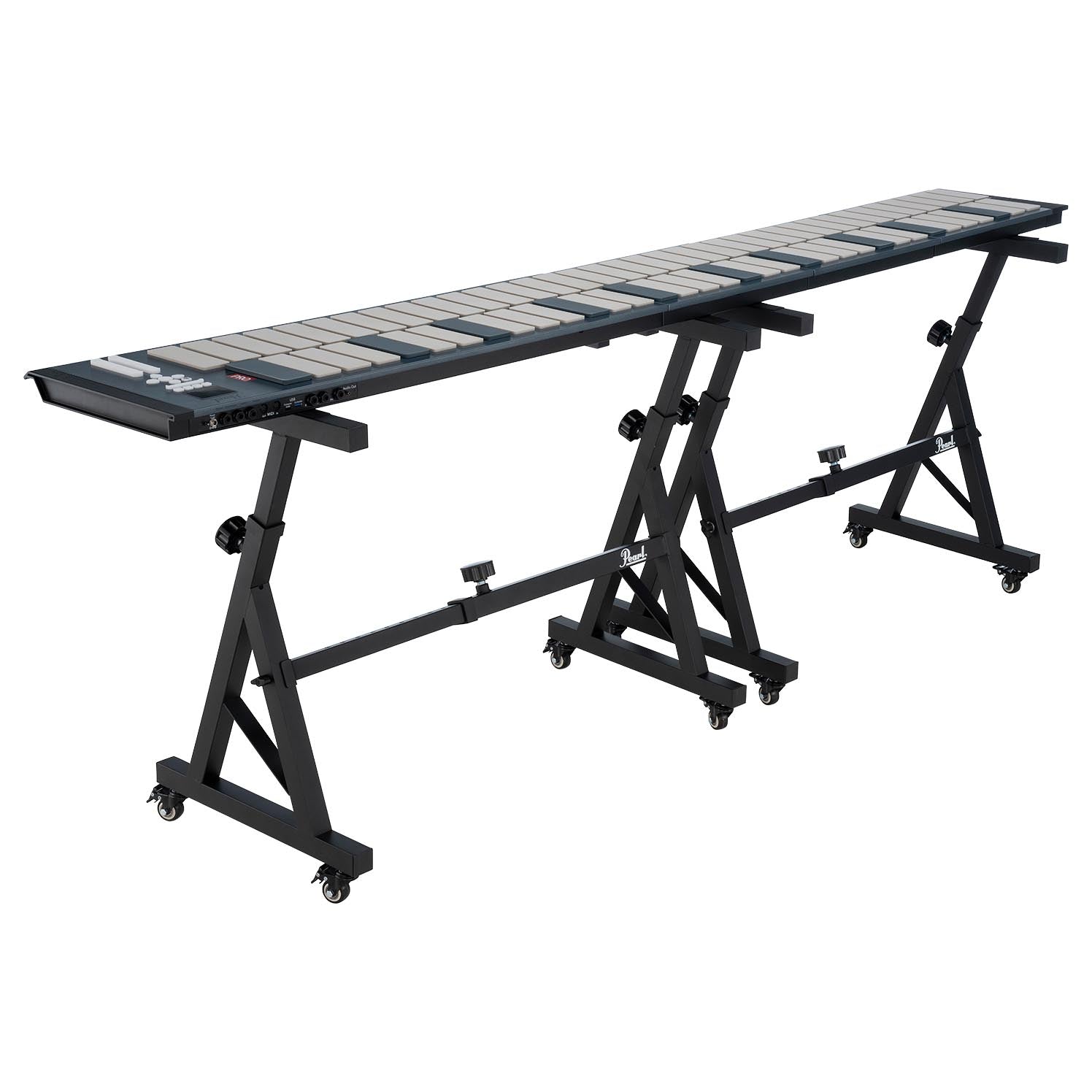 two Pearl PKCS Keyboard and Controller Stands, shown with long mallet controller spanning both stands