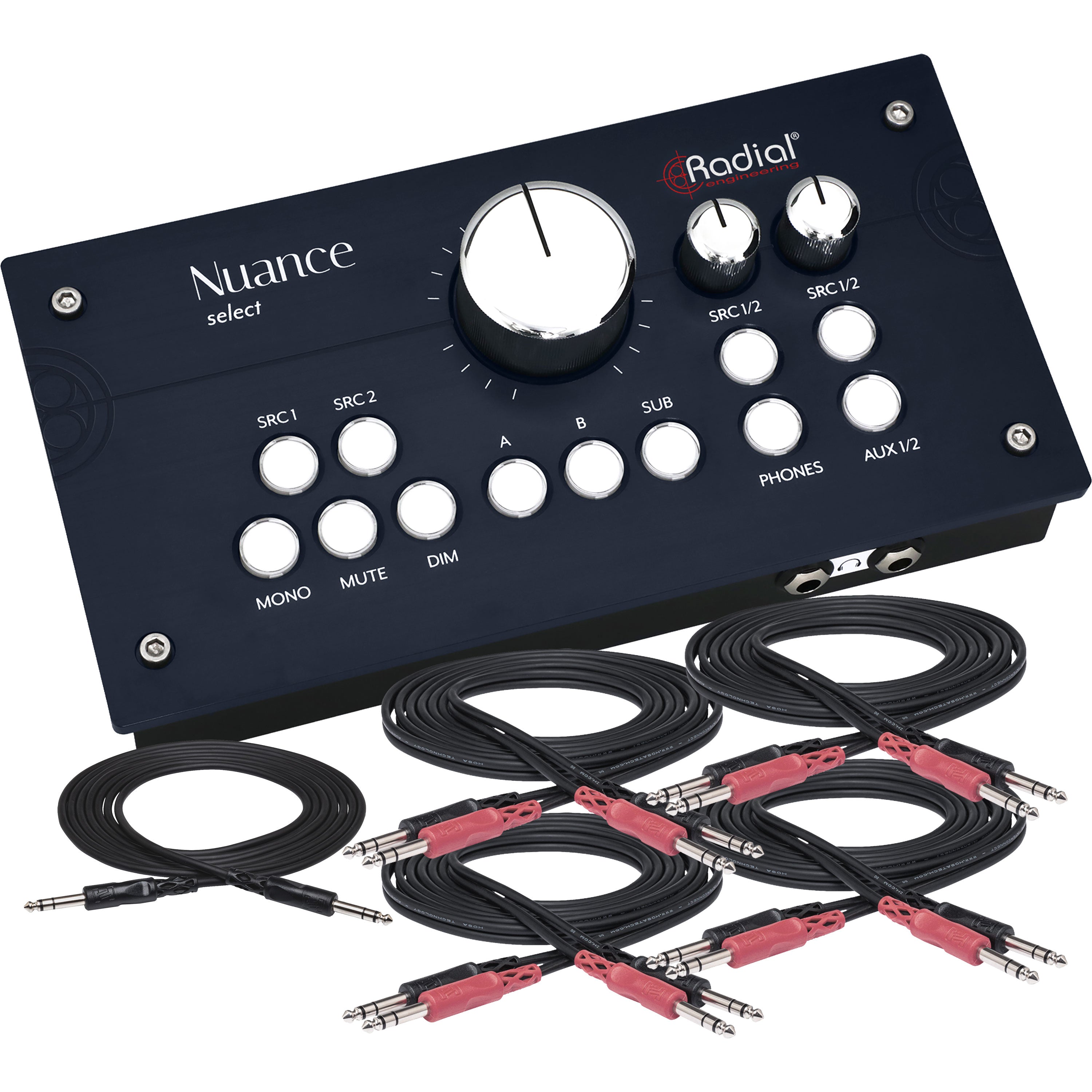 Collage showing components in Radial Nuance Select Studio Monitor Controller CABLE KIT