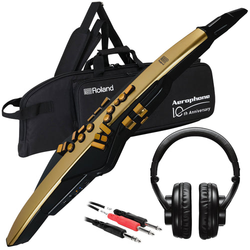Collage showing components in Roland Aerophone Pro AE-30A Gold Limited Edition BONUS PAK