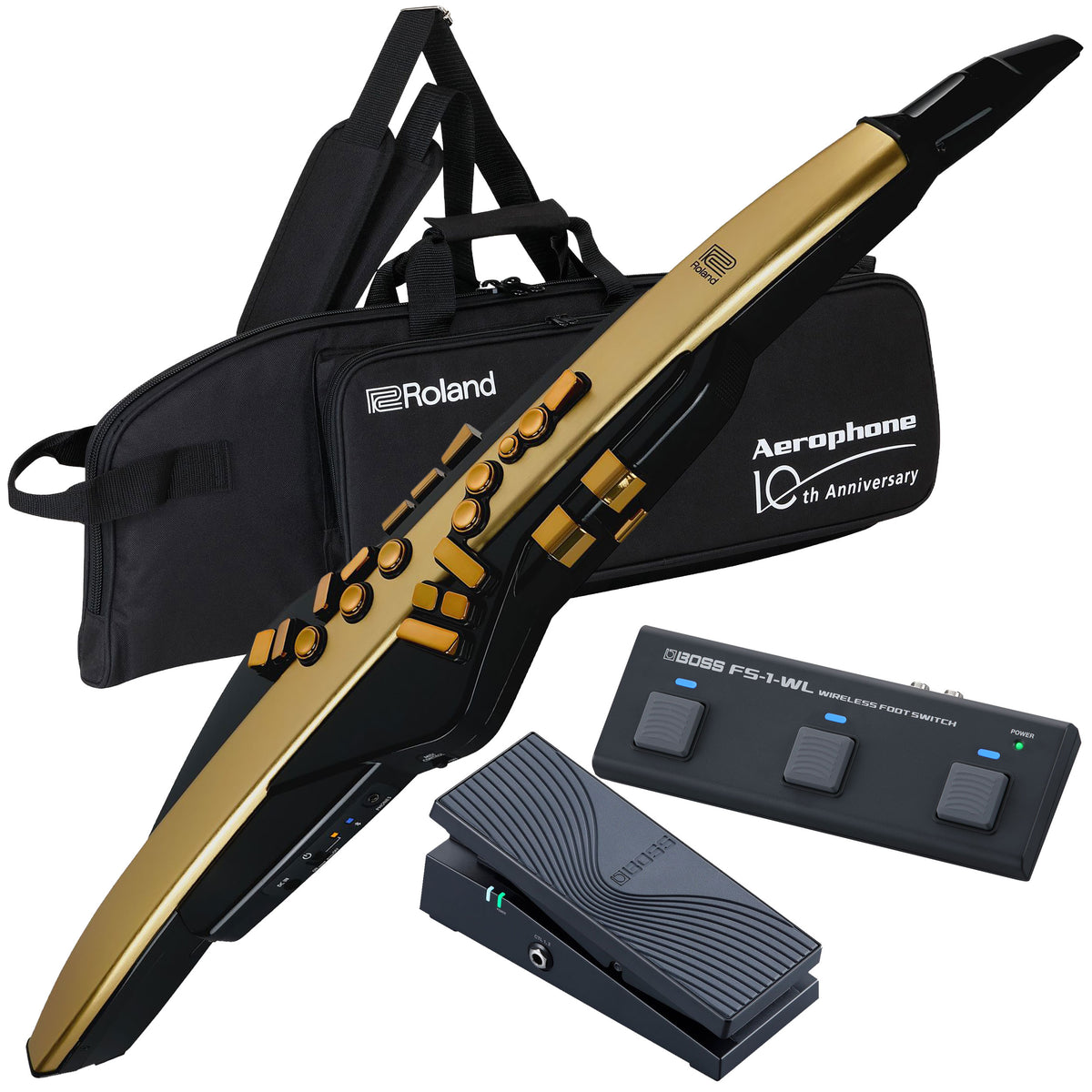 Collage showing components in Roland Aerophone Pro AE-30A Gold Limited Edition CONTROL KIT