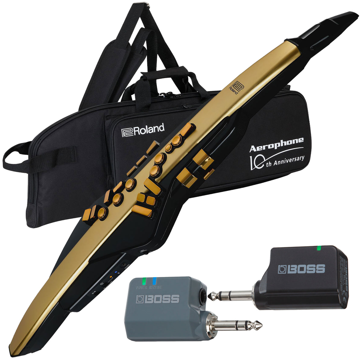Collage showing components in Roland Aerophone Pro AE-30A Gold Limited Edition WIRELESS KIT