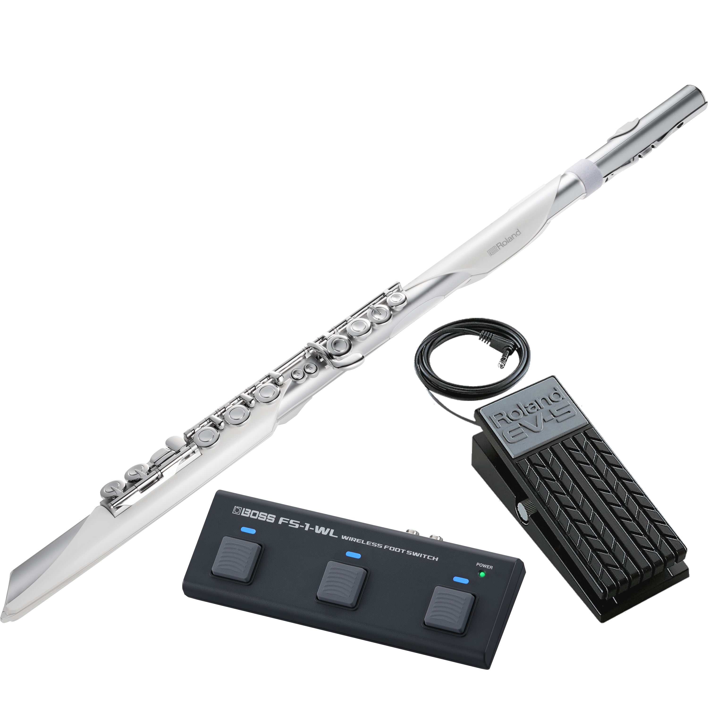 Collage of items included in the Roland Aerophone Brisa Digital Wind Instrument CONTROL KIT