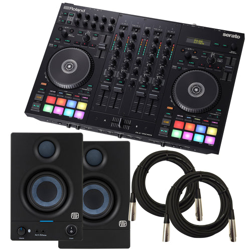 Collage showing components in Roland DJ-707M DJ Controller/Mixer with Serato DJ Pro STUDIO RIG