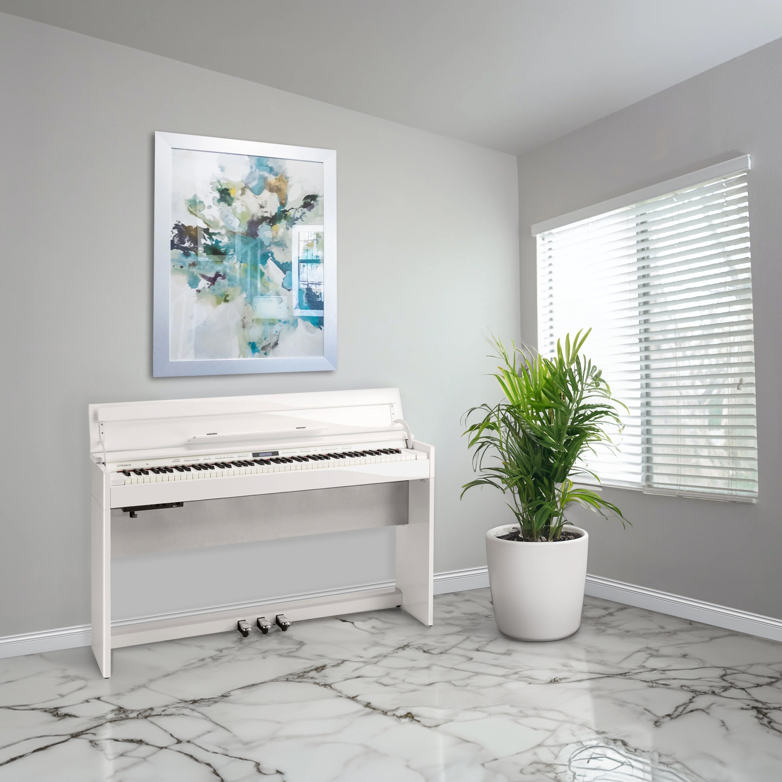 Roland DP603 Digital Piano - Polished White - in a stylish room