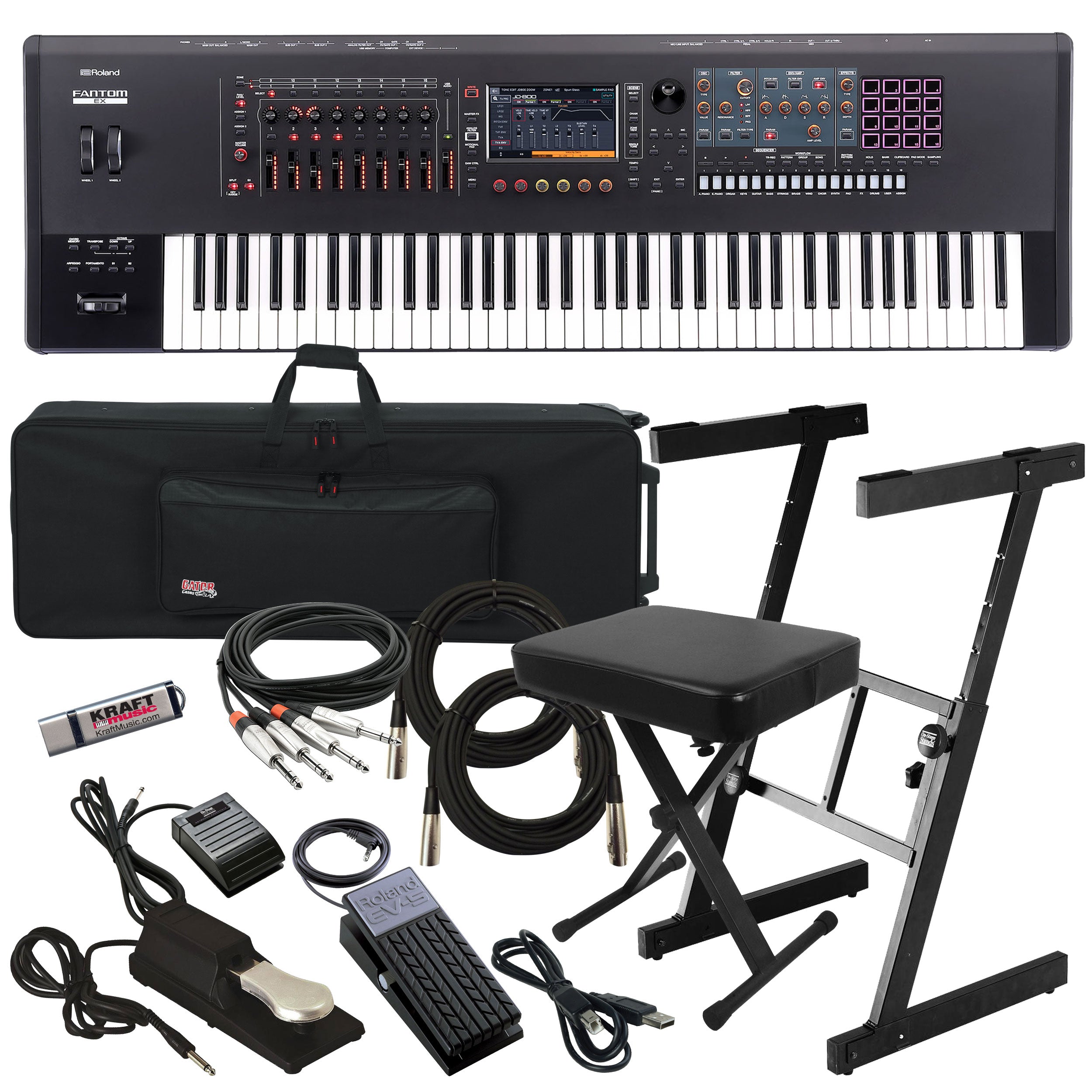 Collage showing components in Roland Fantom 7 EX Workstation Keyboard STAGE RIG