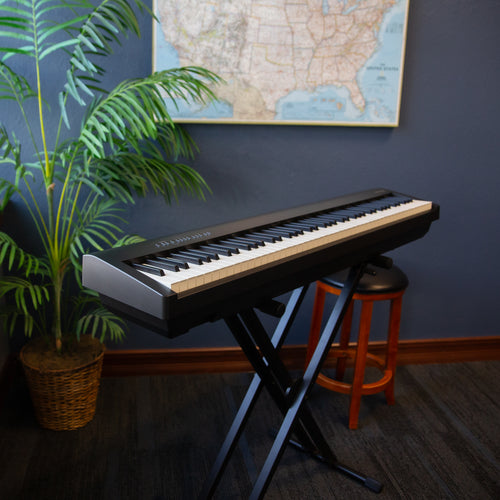 Roland FP-30X Digital Piano on a stand in a room with a plant and map on the wall.