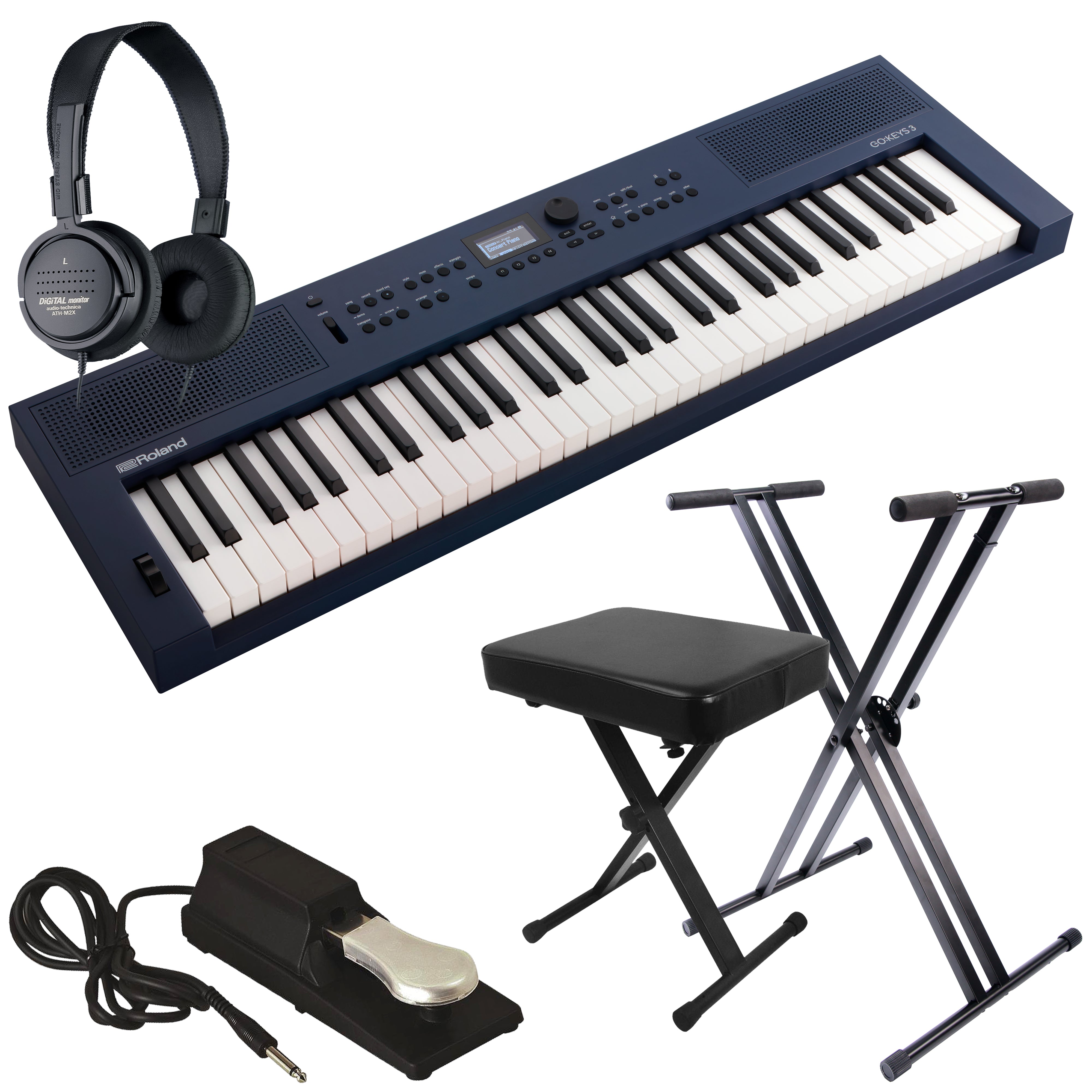 Collage of everything included in the Roland GoKeys 3 Music Creation Keyboard - Midnight Blue KEY ESSENTIALS BUNDLE