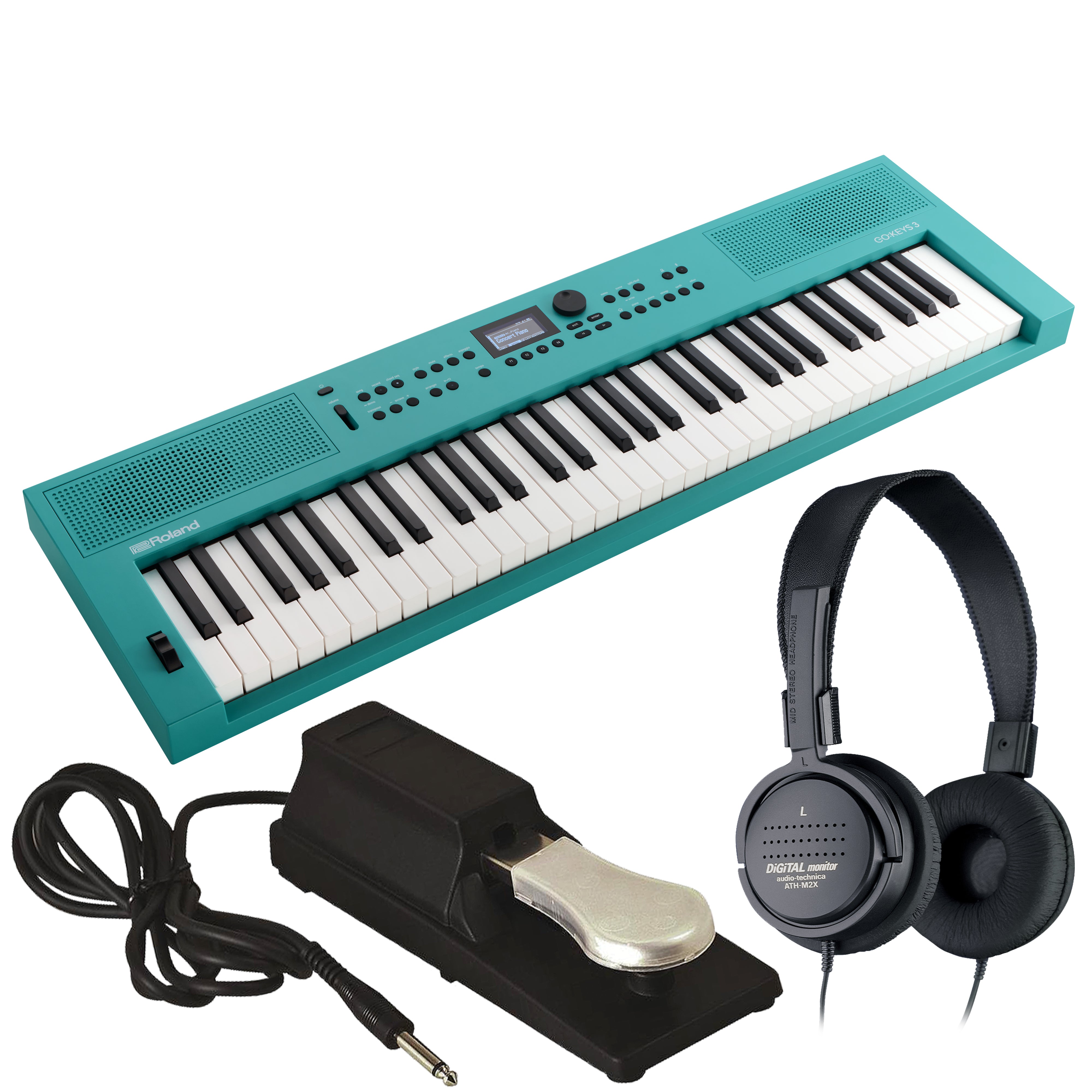 Collage of everything included in the Roland GoKeys 3 Music Creation Keyboard - Turquoise BONUS PAK