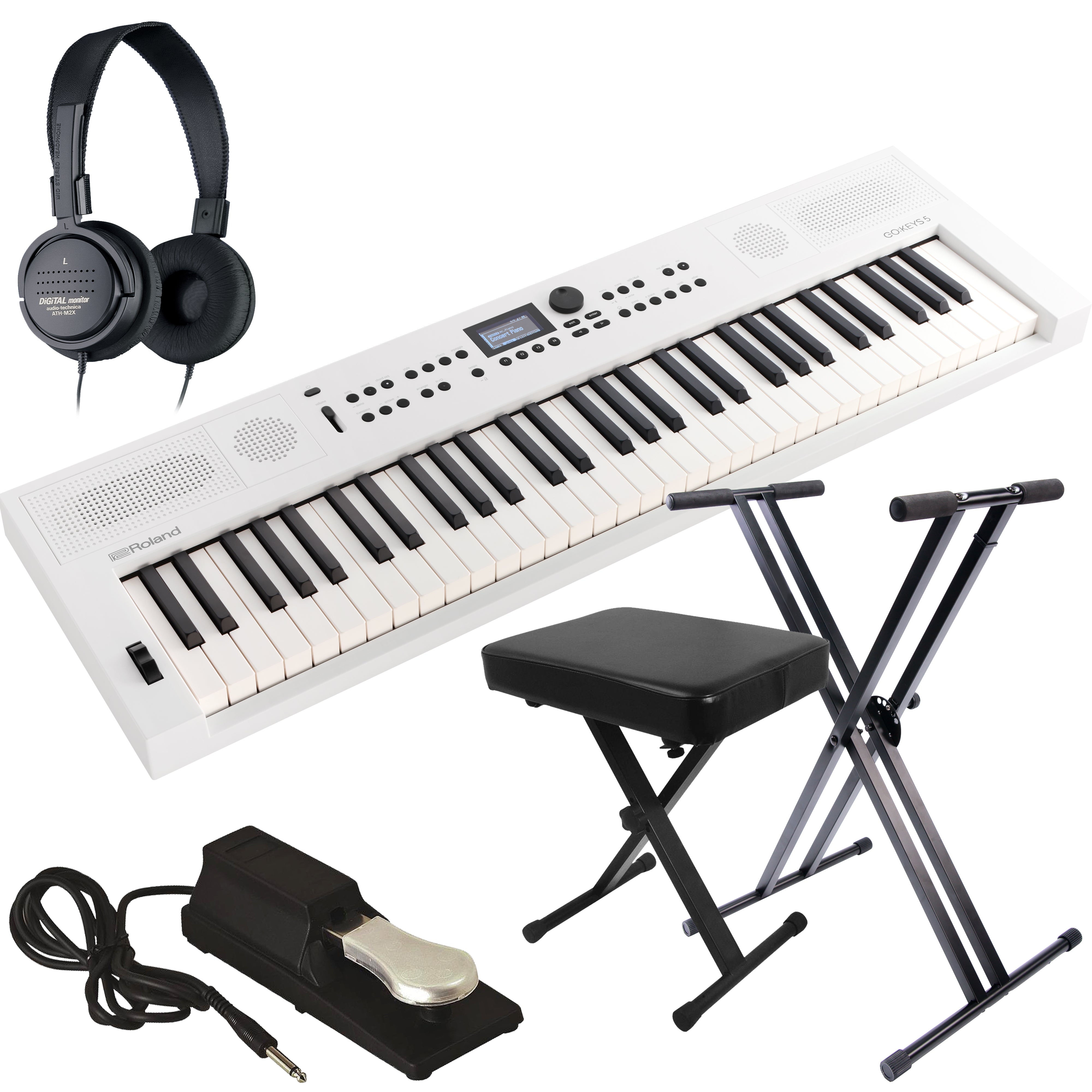 Collage of everything included in the Roland GoKeys 5 Music Creation Keyboard - White KEY ESSENTIALS BUNDLE 