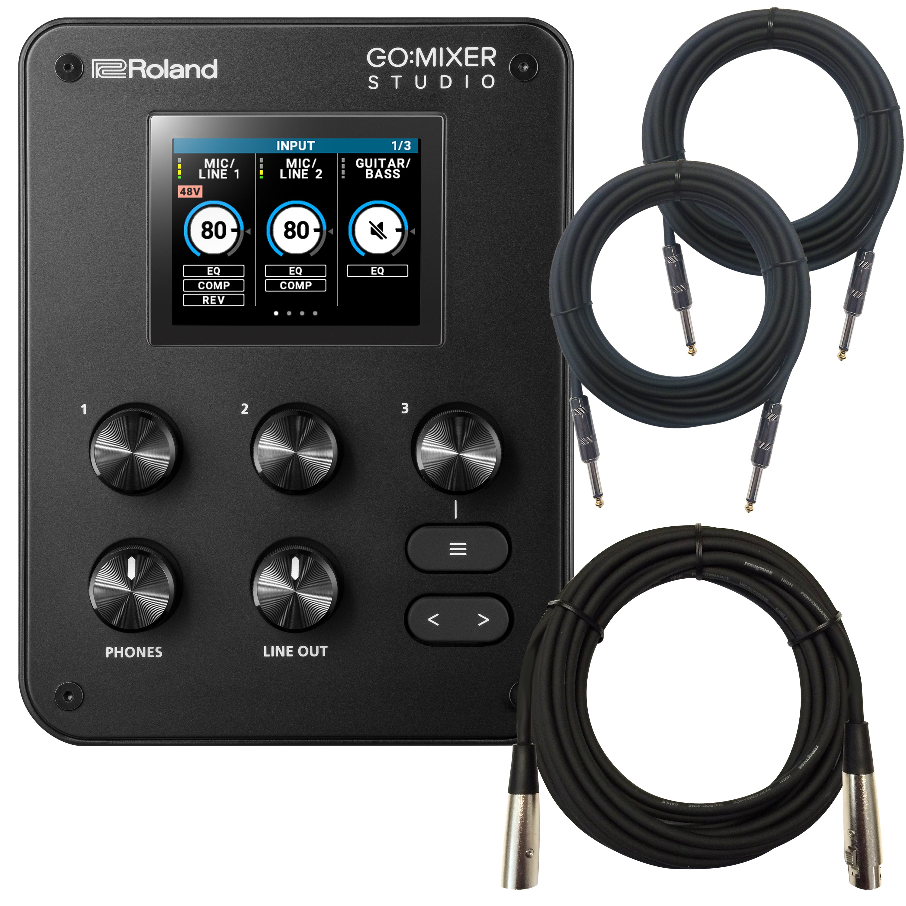 Collage of items included in the Roland GO:MIXER STUDIO Audio Mixer/Interface CABLE KIT