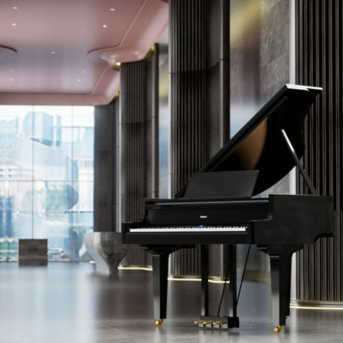 Roland GP-9M Digital Grand Piano with Moving Keys - Polished Ebony - in a stylish space