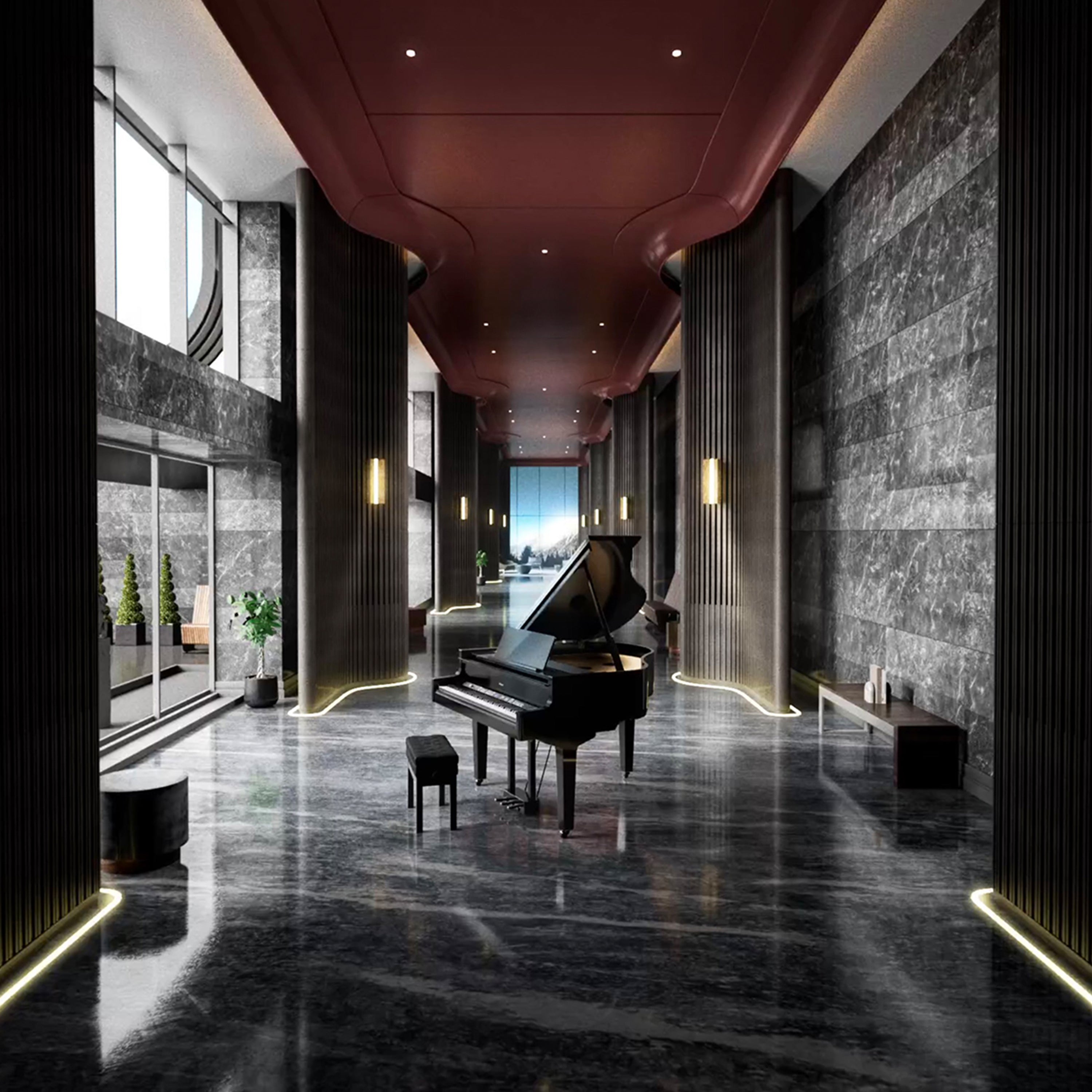 Roland GP-9M Digital Grand Piano with Moving Keys - Polished Ebony - in a stylish hallway