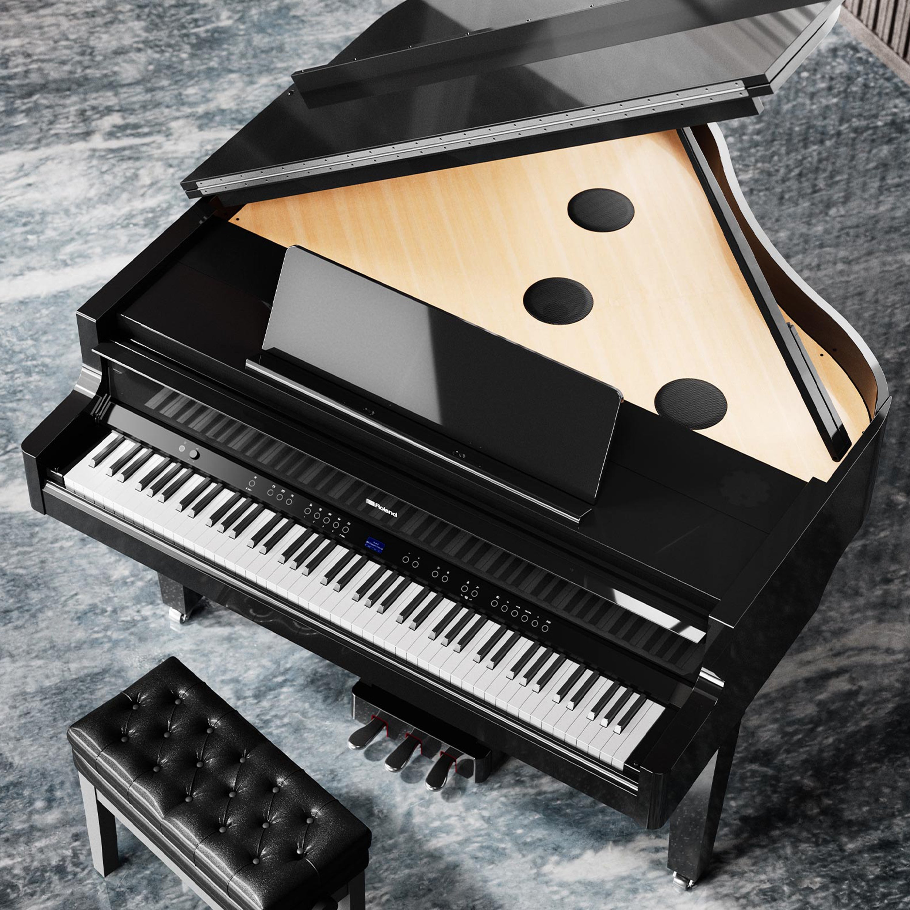 Roland GP-9M Digital Grand Piano with Moving Keys - Polished Ebony - view from above in a stylish room