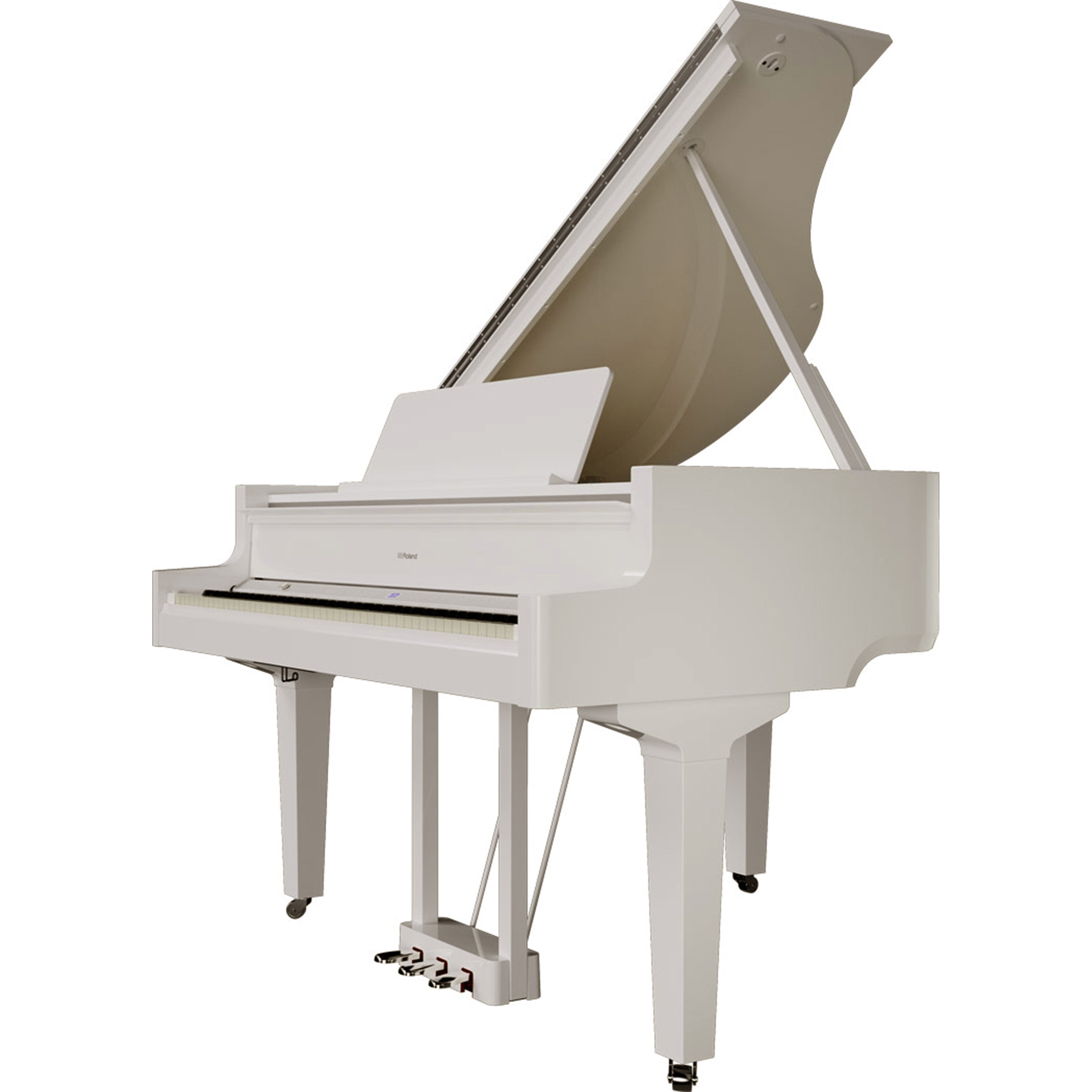 Roland GP-9 Digital Grand Piano - Polished White facing left with lid up