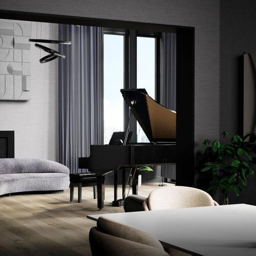 Roland GP-9 Digital Grand Piano - Polished Ebony - from behind in a stylish living space