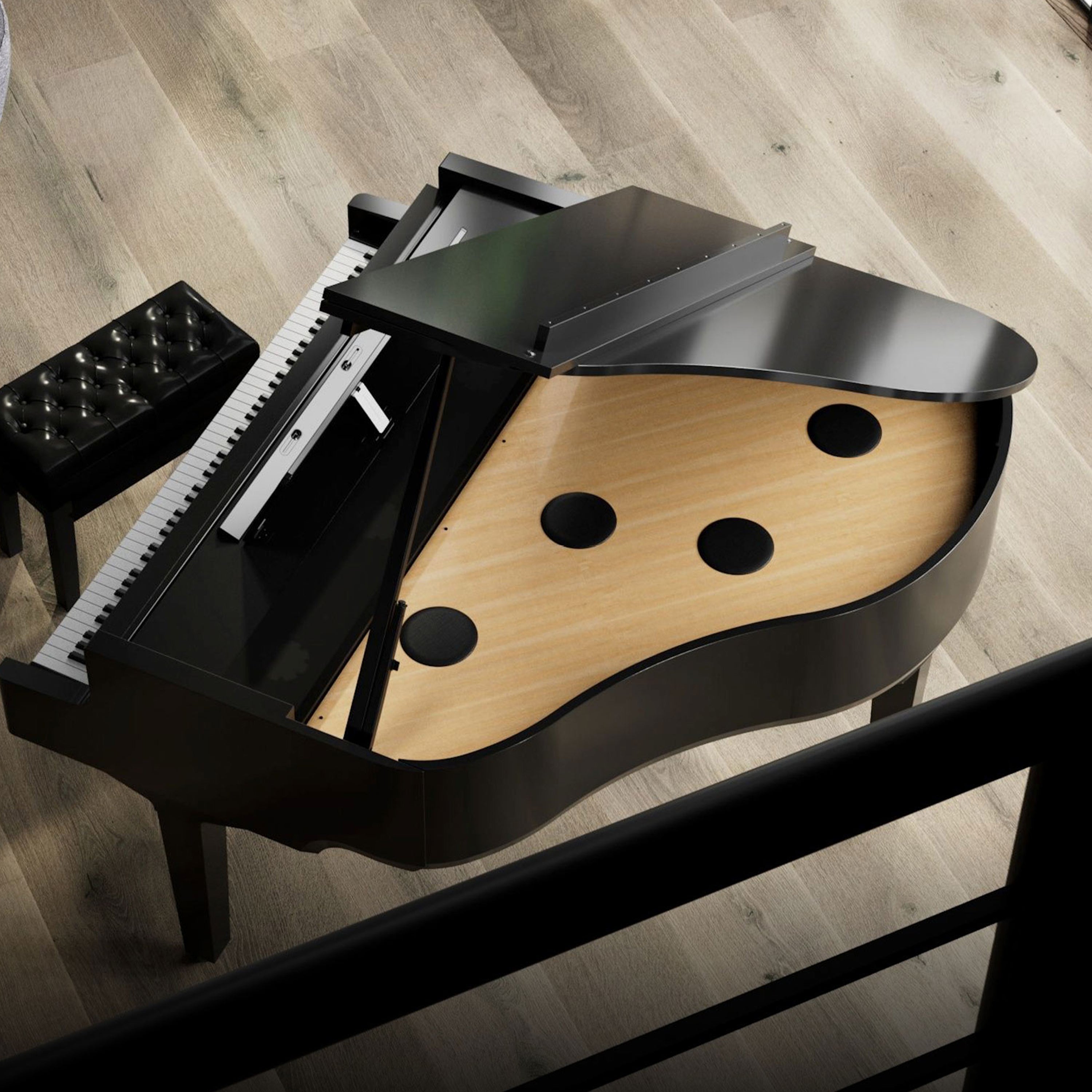 Roland GP-9 Digital Grand Piano - Polished Ebony - from above in a stylish commercial space