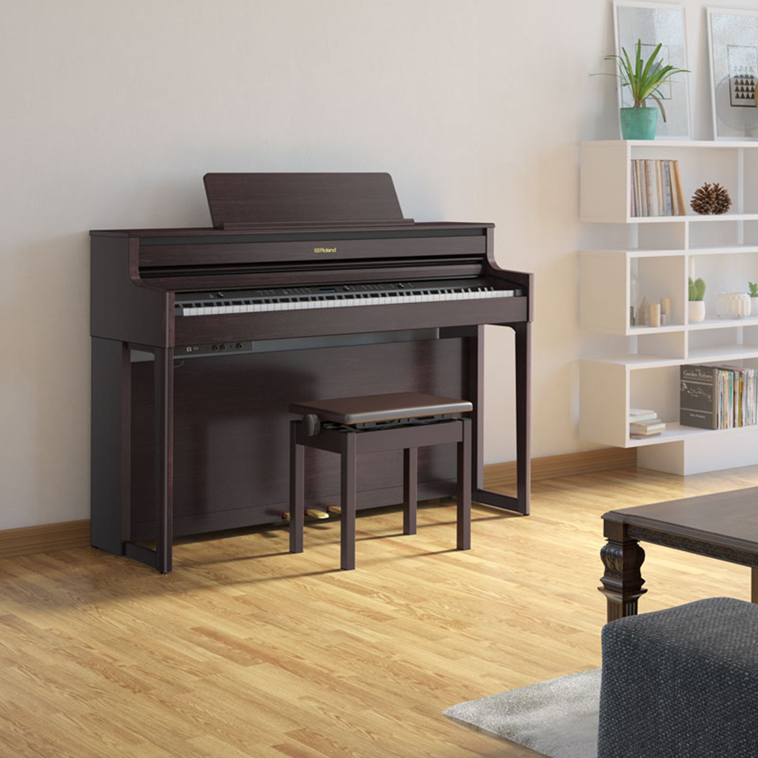 Roland HP704 Digital Piano - Dark Rosewood - in a stylish living room